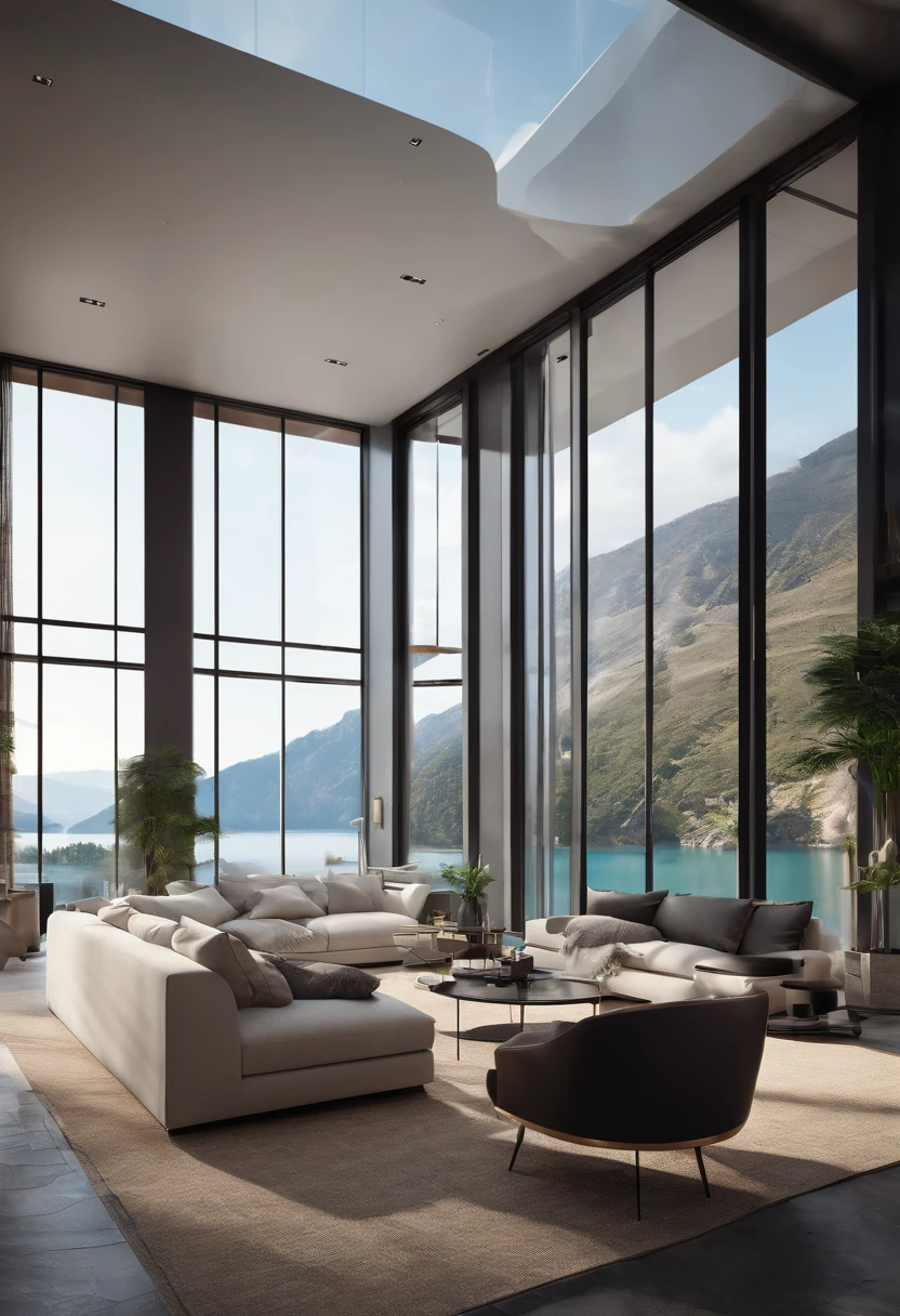 A futuristic technological house, 3-storey building, facing the mountains, lake view, large swimming pool, modern architectural style, super detailed photo, building, complex , shadow, HighDynamicRange, dinamic light, Fotorrealista, light natural softness, low H, masterpiece, 8k detail. Lots of details, Large floor to ceiling glass, Combination of technology and natural environment, Looks super cool,