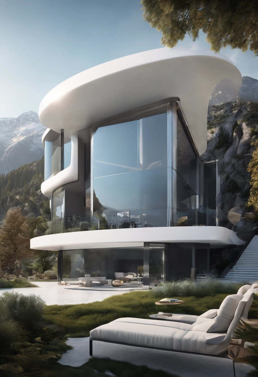 A futuristic technological house, 3-storey building, facing the mountains, lake view, large swimming pool, modern architectural style, super detailed photo, building, complex , shadow, HighDynamicRange, dinamic light, Fotorrealista, light natural softness, low H, masterpiece, 8k detail. Lots of details, Large floor to ceiling glass, Combination of technology and natural environment, Looks super cool,