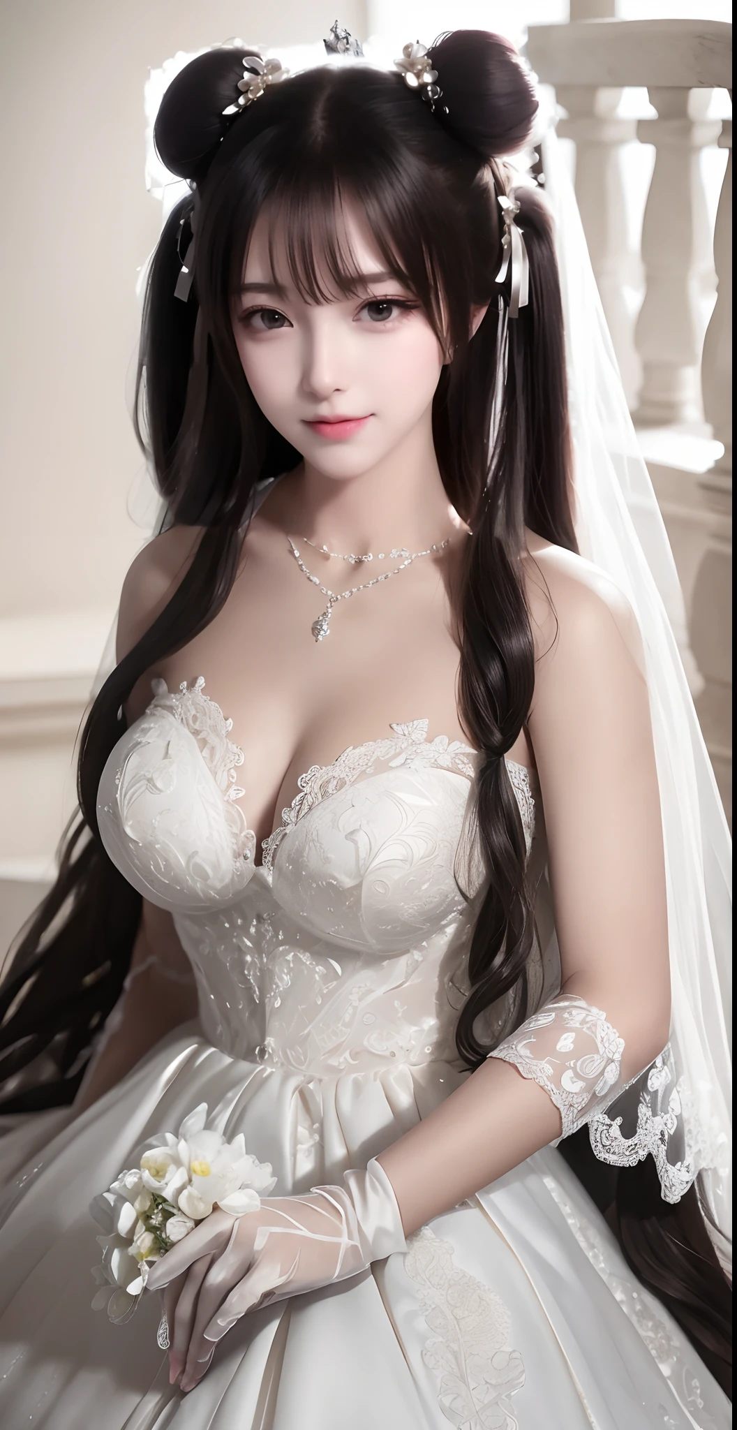 Close-up of a beautiful bride wearing a beautiful wedding dress, Gurwitz,(Pillory:1.5), (flail:1.2), flail on the head, flail on the hands,full body photo, whole body, (bridal veil: 1.5), (transparent short veil: 1.5), flushed face, head flower, tiara, Very detailed princess wedding dress,(tube wedding dress: 1.5), (silk dress: 1.2 ), (strapless wedding dress: 1.5), (floor length skirt:1.2), pure white dress,white long skirt, necklace, earrings, (huge breasts: 1.3), deep V heart-neck wedding dress, bangs, lipstick, (lace gloves: 1.3), high detail RAW Color art,