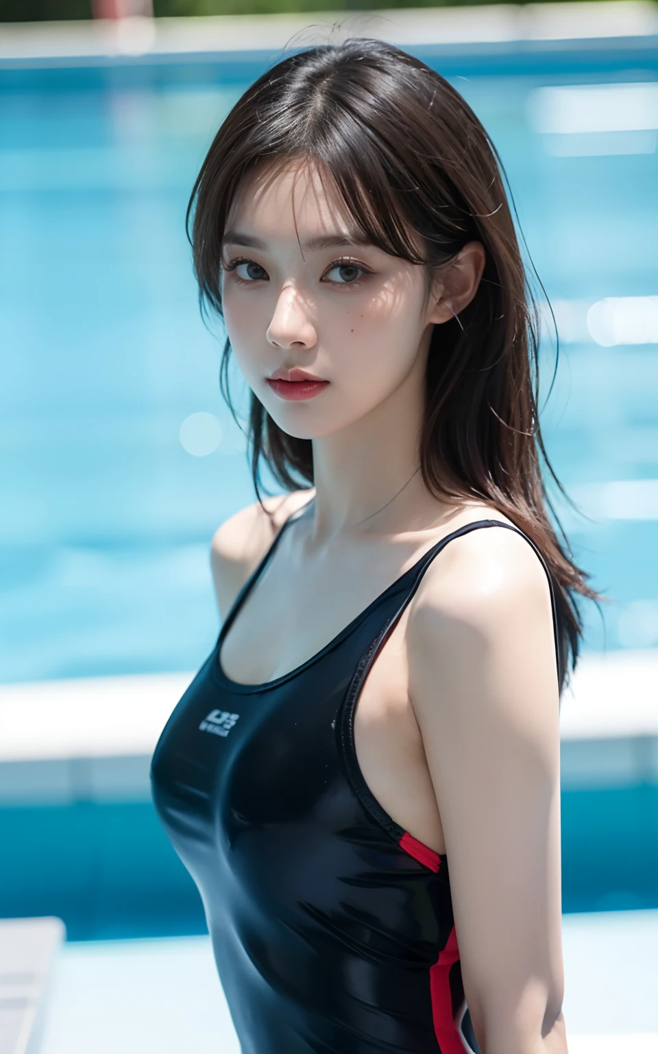 Highly detailed CG unity 8k wallpaper, Top  Quality, A highly detailed, Masterpiece, realisitic, Photorealistic, very detailed cute girl, (25 Years Old), blush, round eyes, Medium Tits, viewer, semi-body shot, swimming race suit, Swimming arena