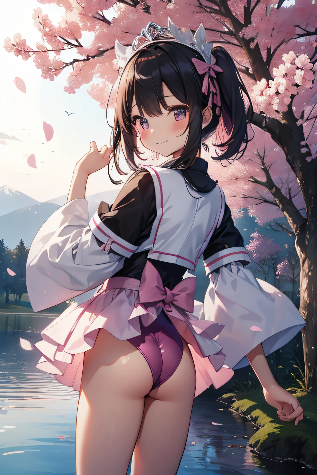 top-quality、extremely delicate and beautiful、Soio、Soio、8--old l、japanes、Lori、Chiquita、elementary stu、((Pink leotard))、(highleg)、Tiara on the head、A smile、is standing、Facing backwards、s ass、Prickets、Pond in the background、the woods、cherry trees