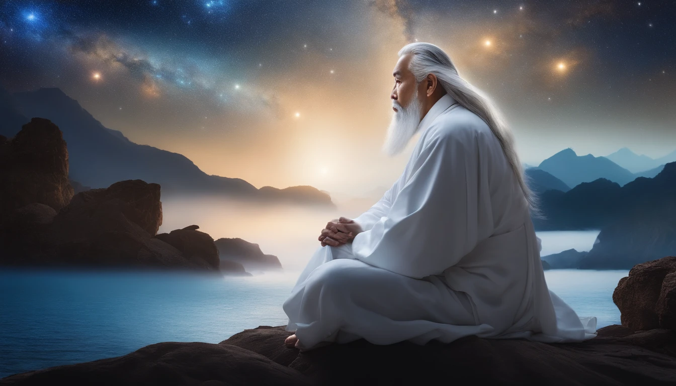 30 years old Asian middle-aged Taoist elder sitting in the galaxy close-up,long white hair,A meditative,Wear a white robe,white sash,at centre,Face the lens,Long white beard,Meditation cross-legged,Daoism, Vast blue starry sky background,milky ways,Taoist master,Taoist,universe background,Very bright colors, Light particles, with light glowing, Mshiv, wallpaper art, UHD wallpaper