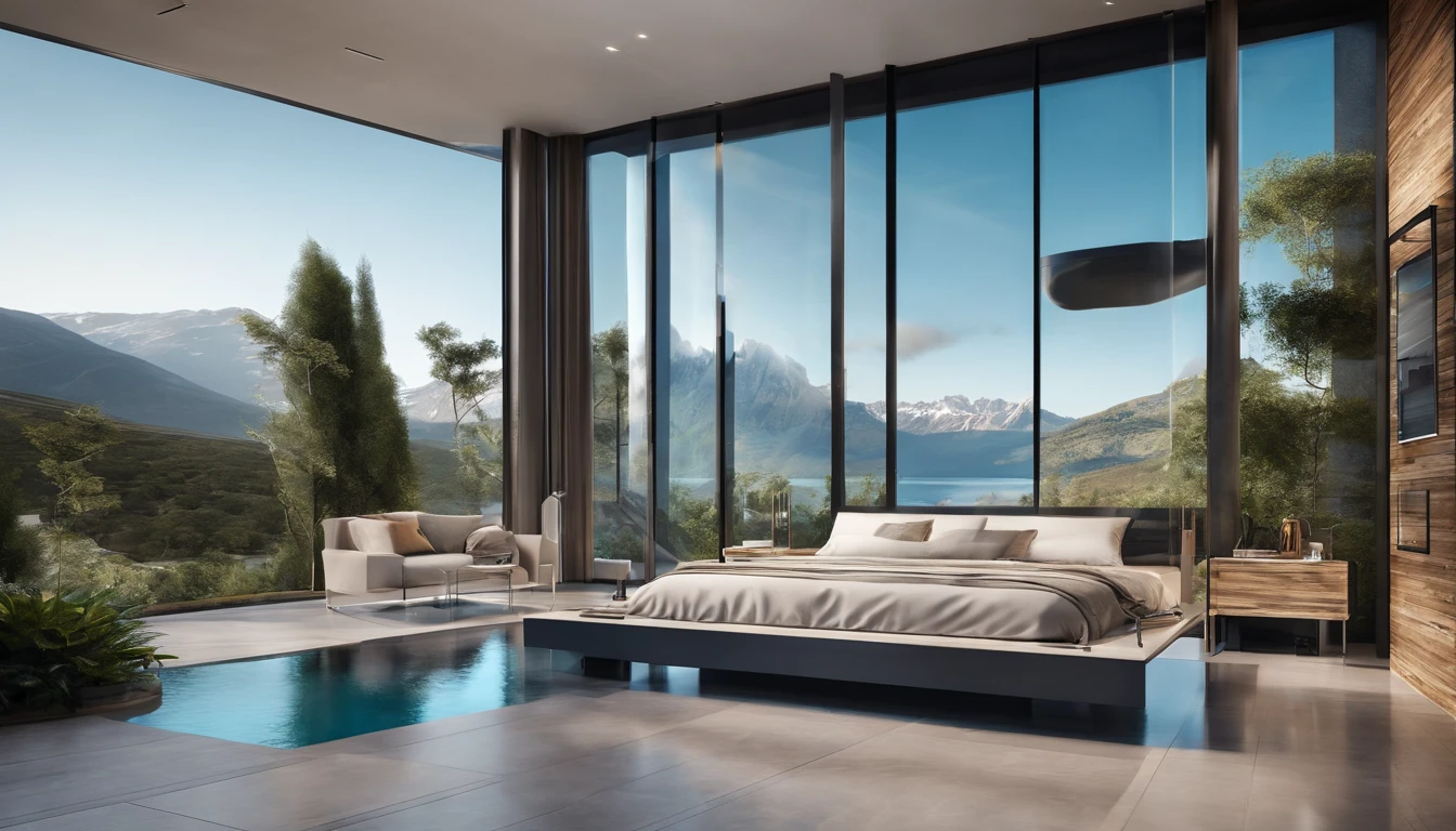 A futuristic technological house, 3-storey building, facing the mountains, lake view, large swimming pool, modern architectural style, super detailed photo, building, complex , shadow, HighDynamicRange, dinamic light, Fotorrealista, light natural softness, low H, masterpiece, 8k detail. Lots of details, Large floor to ceiling glass, Combination of technology and natural environment, Looks super cool,