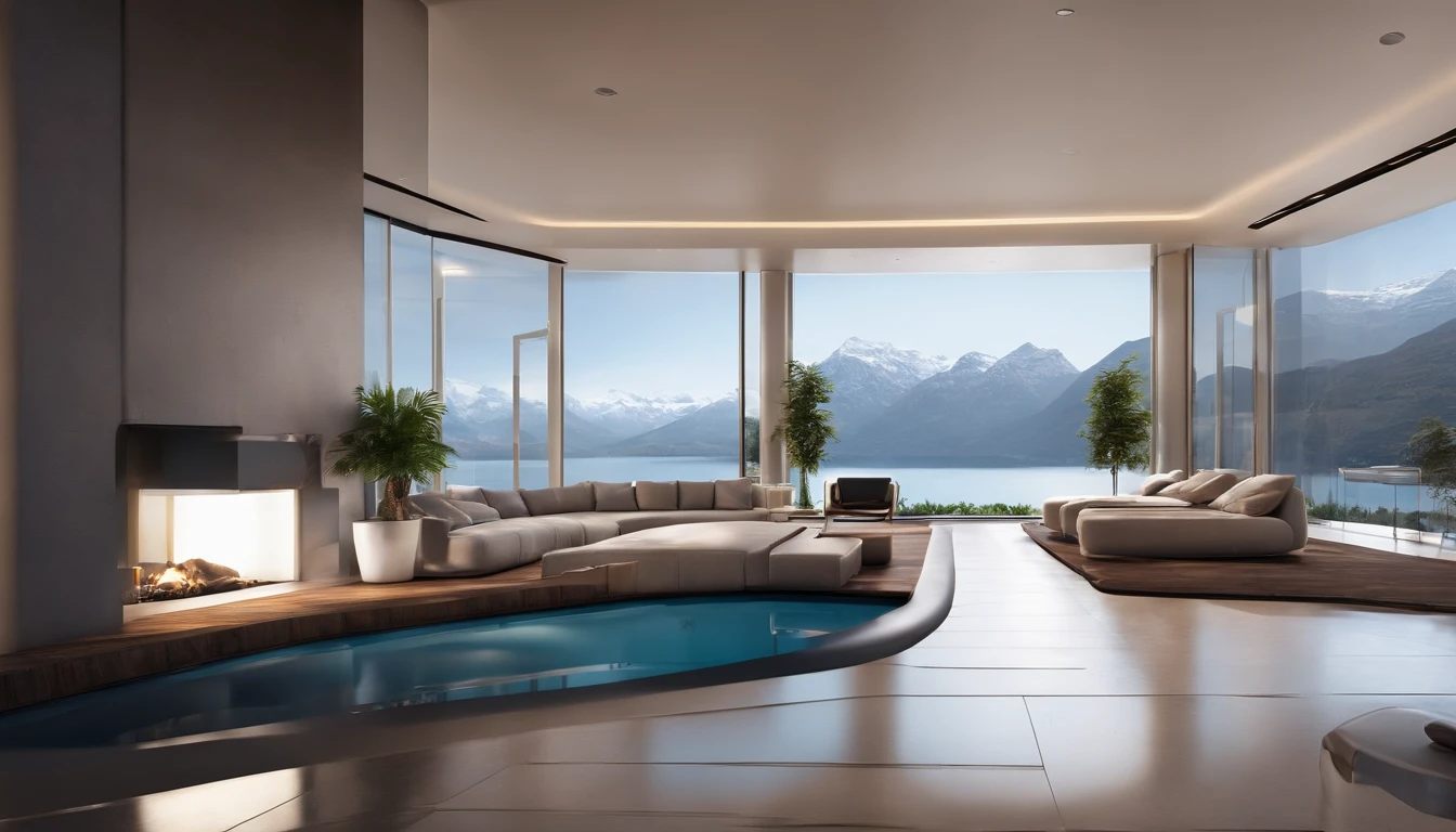 A futuristic technological house, 3-storey building, facing the mountains, lake view, large swimming pool, modern architectural style, super detailed photo, building, complex , shadow, HighDynamicRange, dinamic light, Fotorrealista, light natural softness, low H, masterpiece, 8k detail. Lots of details, Large floor to ceiling glass, Combination of technology and natural environment, Looks super cool,