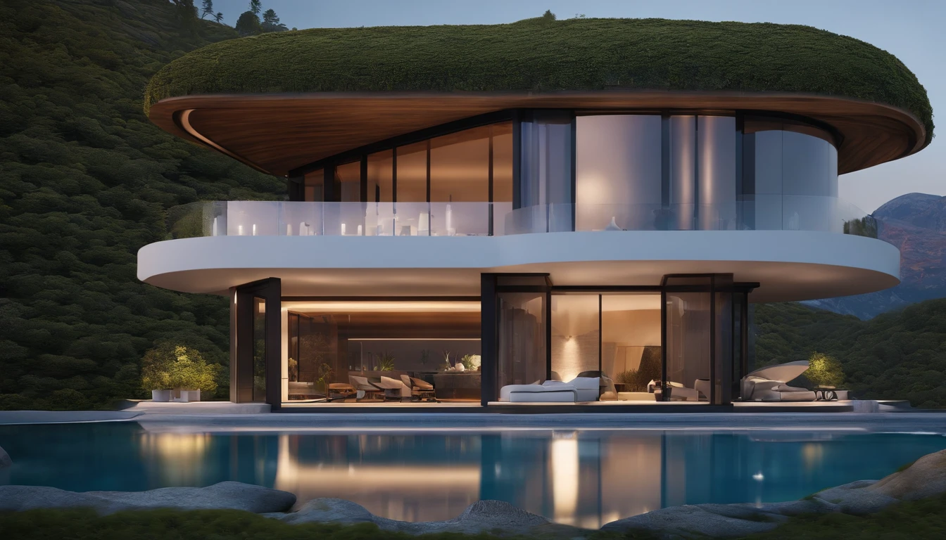 A futuristic technological house, 3-storey building, facing the mountains, lake view, large swimming pool, modern architectural style, super detailed photo, building, complex , shadow, HighDynamicRange, dinamic light, Fotorrealista, light natural softness, low H, masterpiece, 8k detail. Lots of details, Large floor to ceiling glass, Combination of technology and natural environment, Looks super cool,