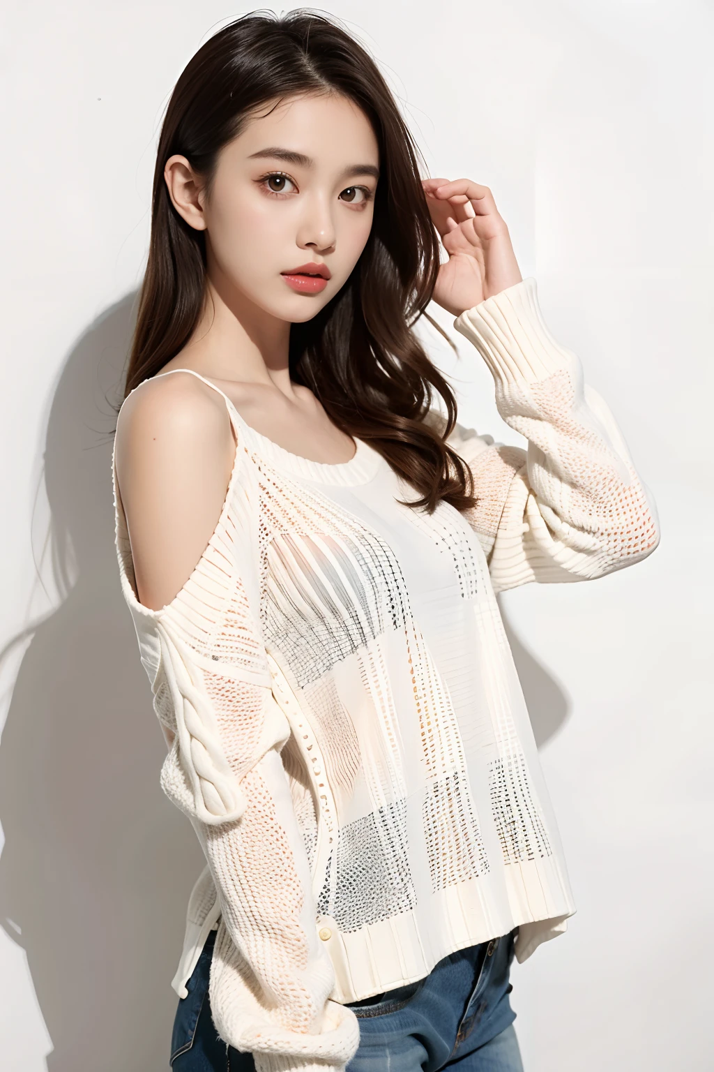 Wear a sweater,white coloreautifully twisted hair,Slim figure,Nice face,Korean style jewelry