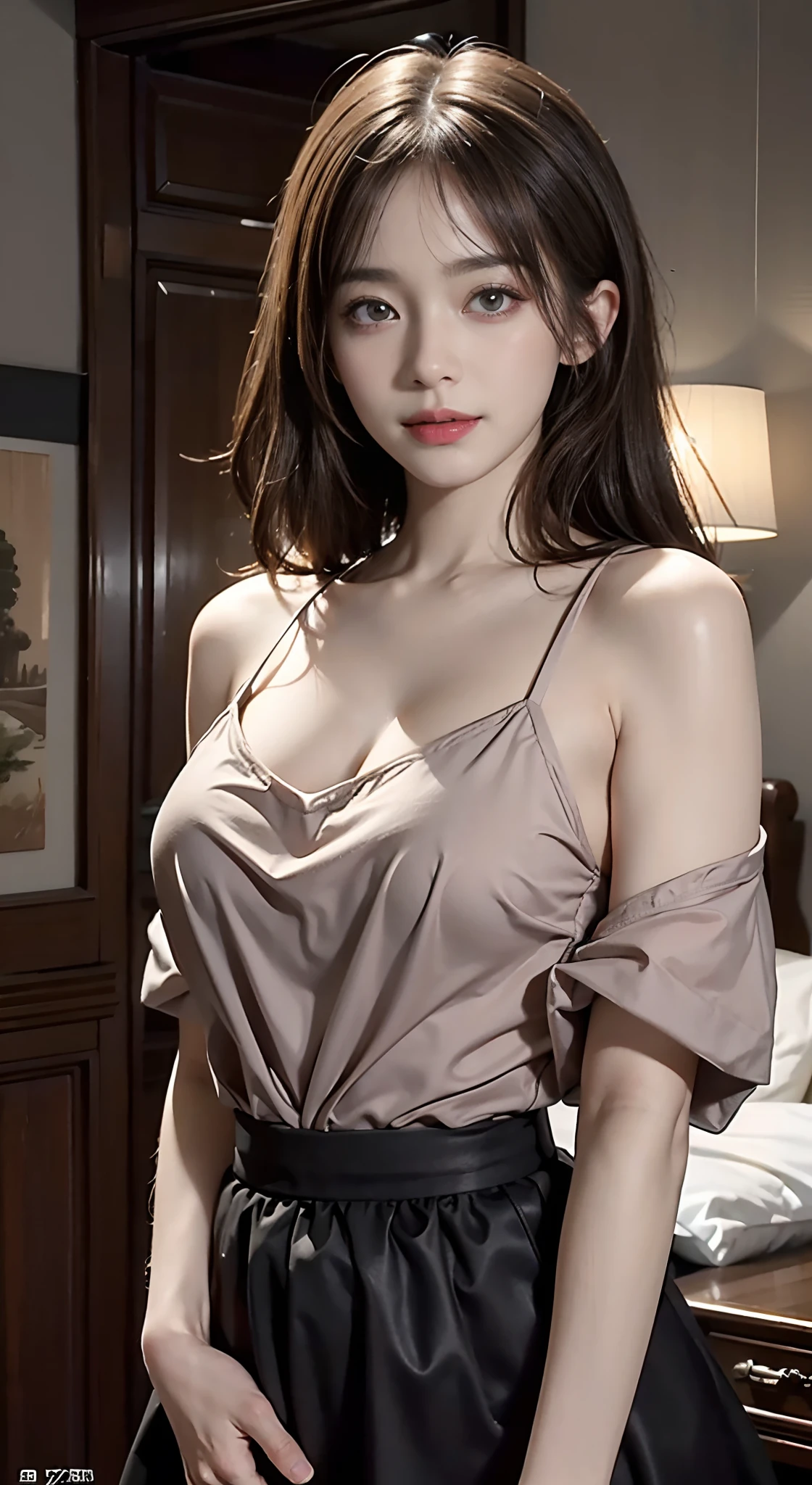 ((Top Quality, 8k, Masterpiece: 1.3)), Beauty, 1 Girl, Big: 1.3, Slim Women: 1.1, Dark Brown Hair, (Lying in bed, Open Legs: 1.2), Ultra Detailed Face, Highly Detailed Lips, Detailed Eyes, Double Eyelids, Beautiful Office Lady of Japan, Panting Face, Eyes Closed, Mouth Wide Open, Thin Waist, Slender Waist, See-through White Blouse, Gray SkirtThin thighs, legs spread