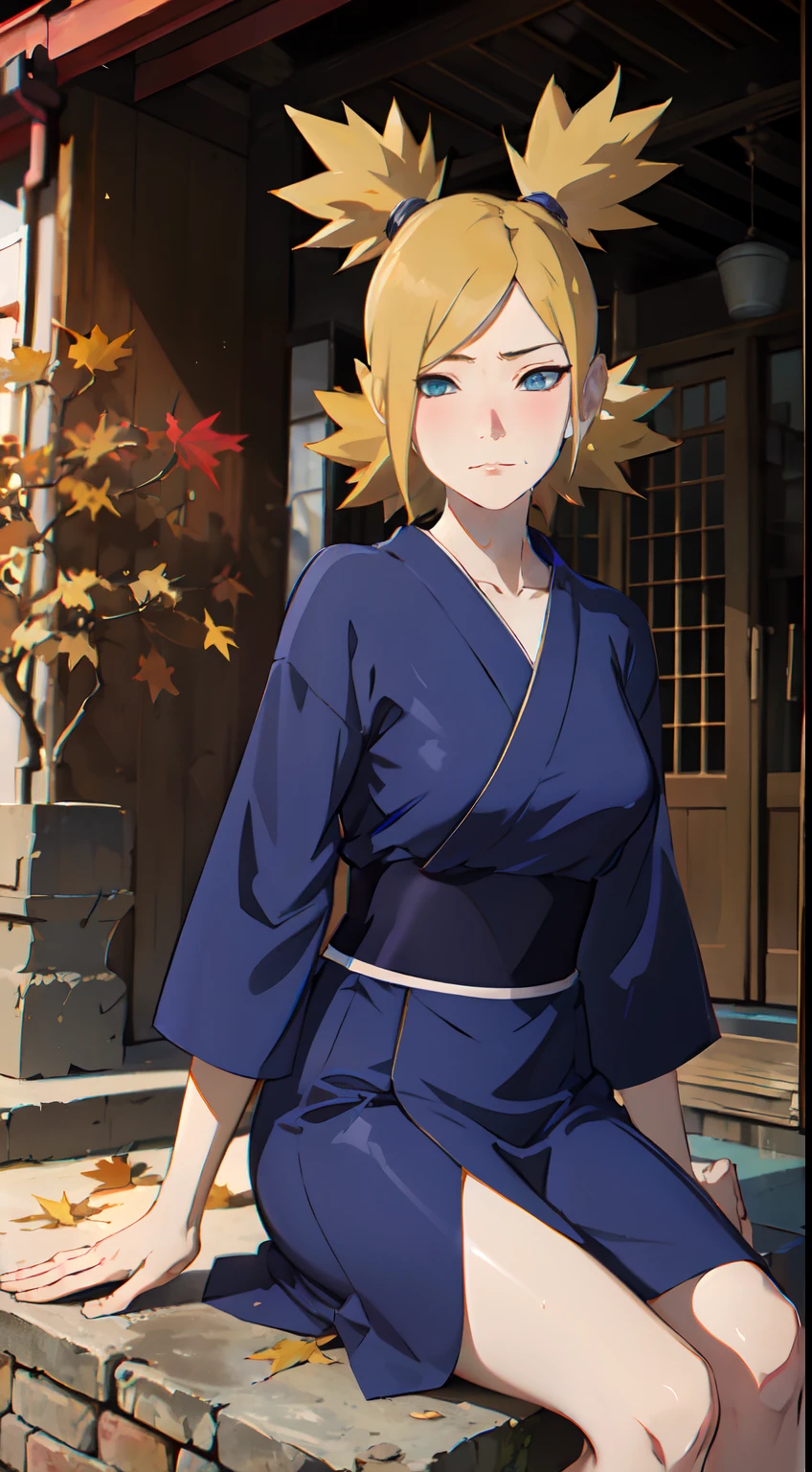 Masterpiece, absurderes , (Intricate details), (Colorful),Cinematic lighting,Bust Up Shot,Extremely detailed Cg Unity 8K wallpaper,Temari\(Boruto\), 1girll, Mature female,blue kimono, Sitting, Outdoors, (Falling leaves:1.3), Autumn leaves, (Autumn), Sunlight, Maple tree, parted lip,Wind, view the viewer, Temari\(Boruto\)，（perspire，Sweat a lot，Blushlush，Be red in the face，I had a lot of sweat on my face，Blushlush），（stooped，Buttress，Enchanting pose，a sexy pose）