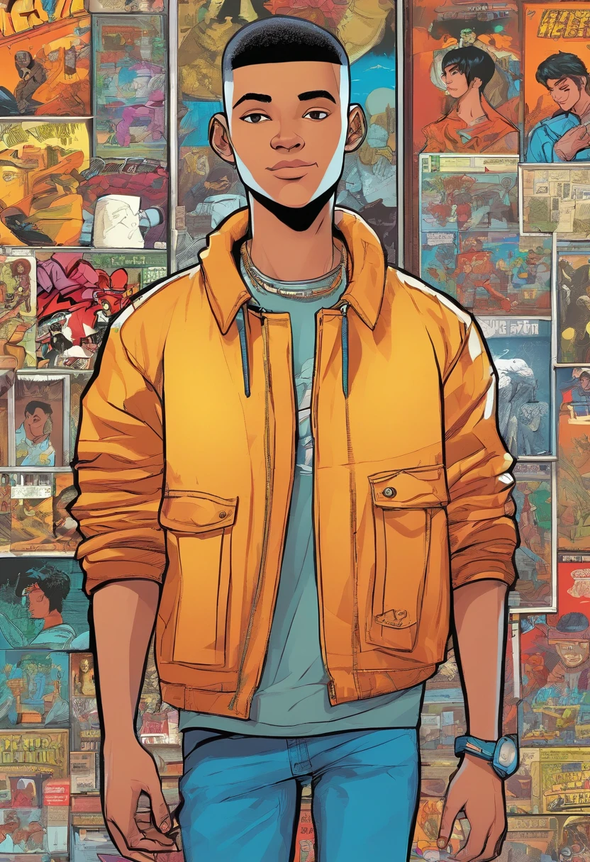 Vector Illustration of an 18 year old ager named "Gigabin". He wears a jacket and jeans. He is tall and has buzz cut hair. full body. walking.