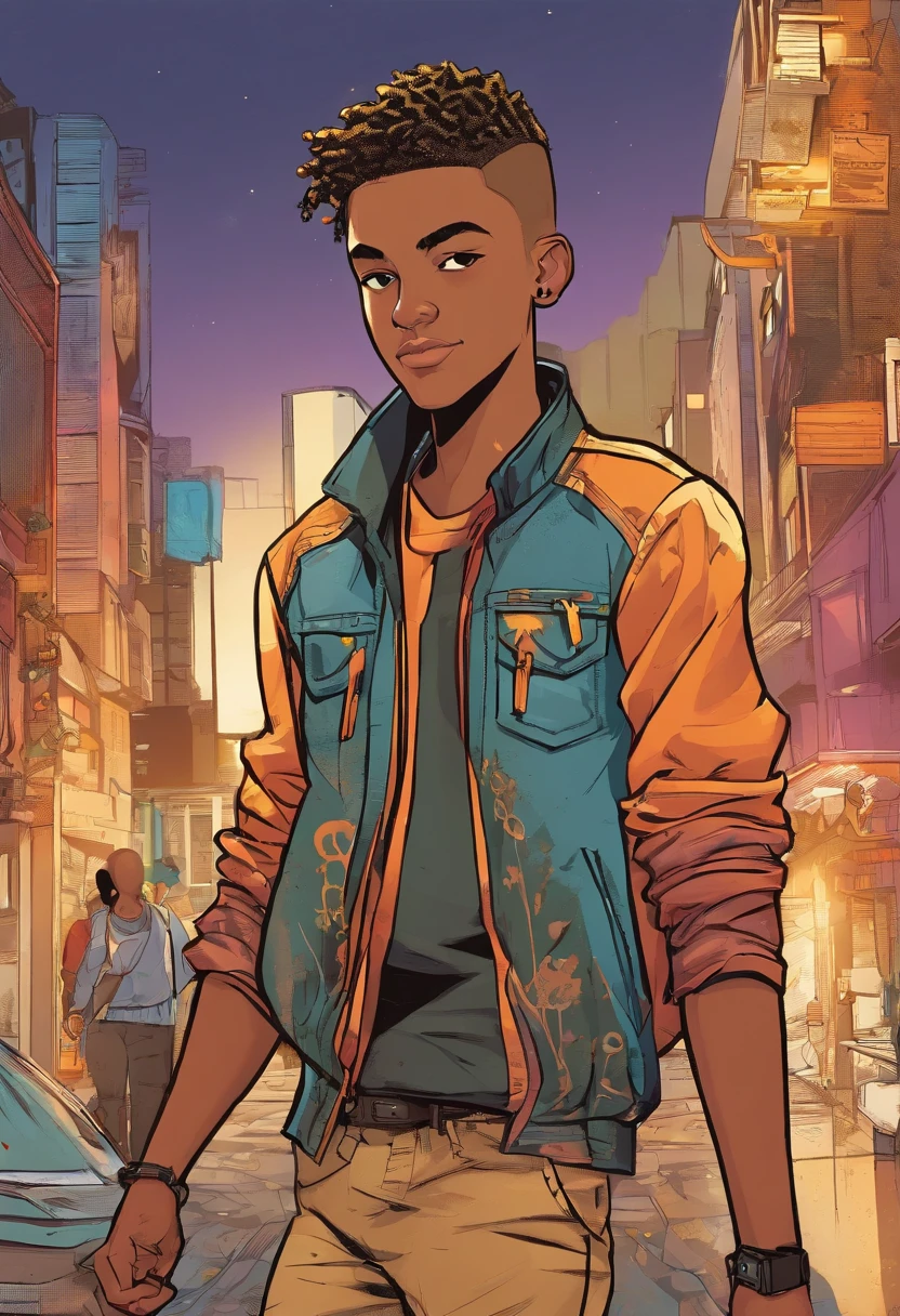 Vector Illustration of an 18 year old ager named "Gigabin". He wears a jacket and jeans. He is tall and has buzz cut hair. full body. walking.