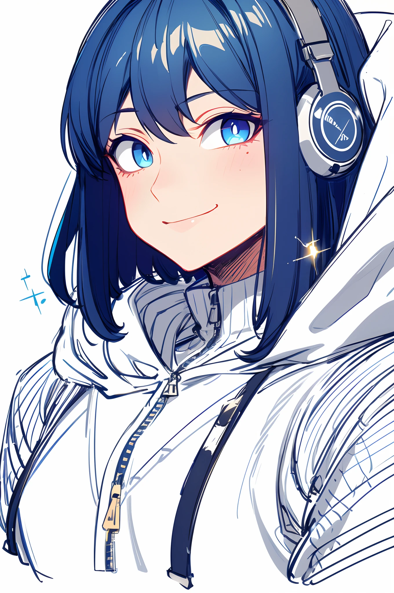 ultra detailed, masterpiece, best quality, solo, cowboy shot, facing viewer,sketch style, smiling ,dark blue hair,light blue eyes, sparkling eyes, wearing a hoodie, listening to music,