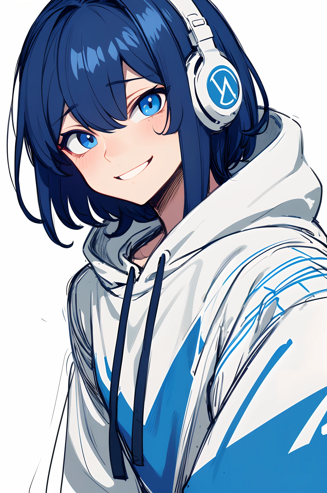 ultra detailed, masterpiece, best quality, solo, cowboy shot, facing viewer,sketch style, smiling ,dark blue hair,light blue eyes, sparkling eyes, wearing a hoodie, listening to music,