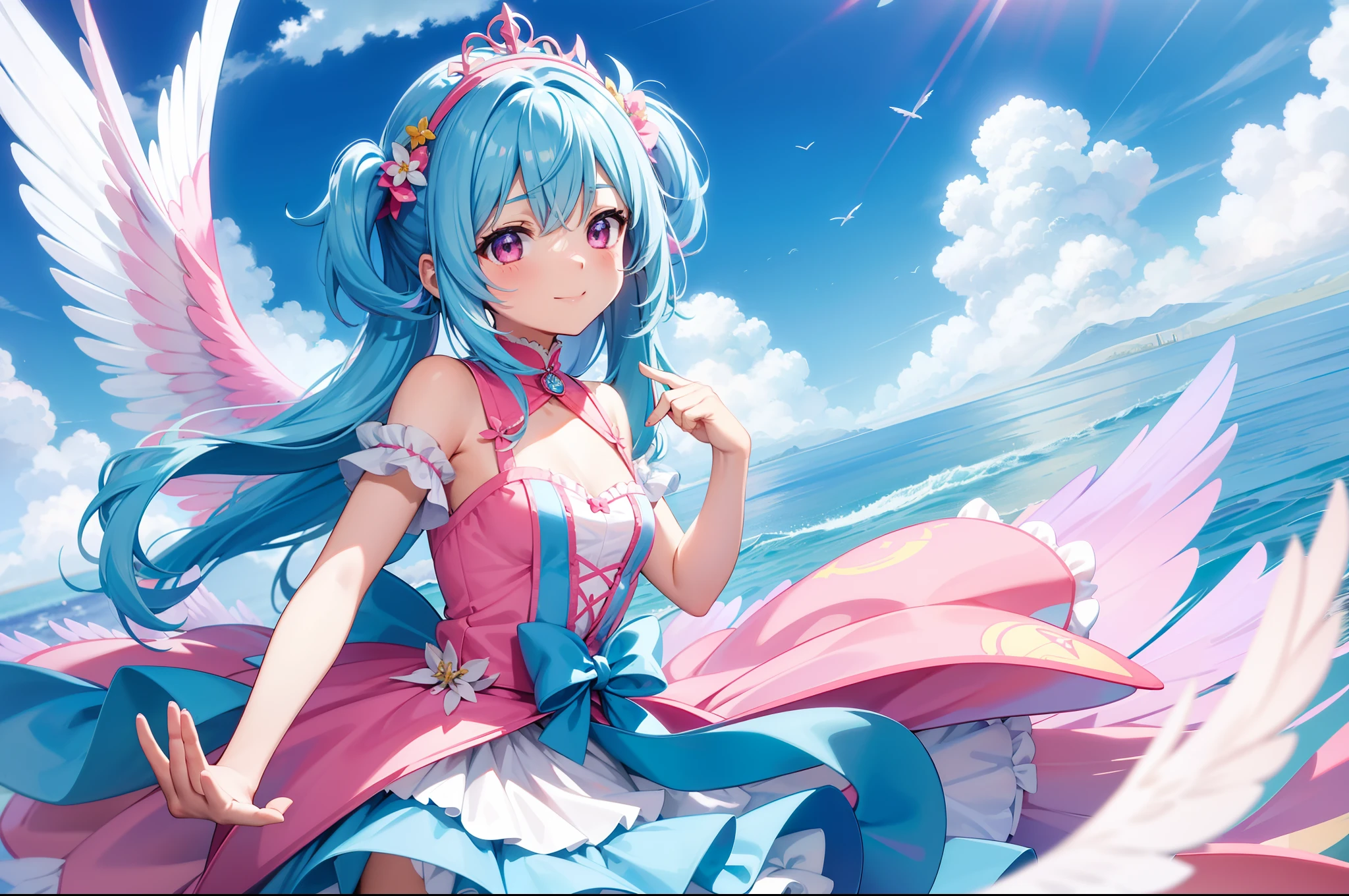 Super Idol Little Girl A charming smile sky blue hair length hair Twin-tailed Bright pink and white, large wings on the back、Flying in the sky、Cute costumes Mystical Fantasia