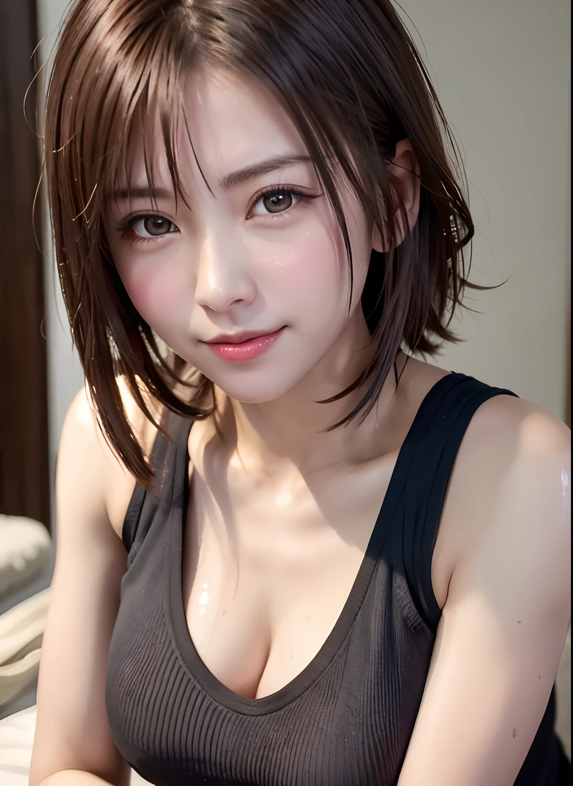 masutepiece,award - winning photo, Extremely detailed, edgOrgasm, Woman with mouth open and eyes closed , Skin shiny with sweat、Face Focus、Young and beautiful woman、Illumination that emphasizes shiny sweat{{{Spread }}}, A dark-haired、NSFW、top-quality、超A high resolution、(Photorealsitic:1.4)、Beautiful eyes、Super beauty、Shorthair、爆乳、Overflowing、T-shirt with rough chest、Eyes that invite viewers、Lover's perspective、Inviting look、Sexy smile、Perfect Style、Perfect balance、Detailed skin、Naughty gaze、Chest visible、(soaked)