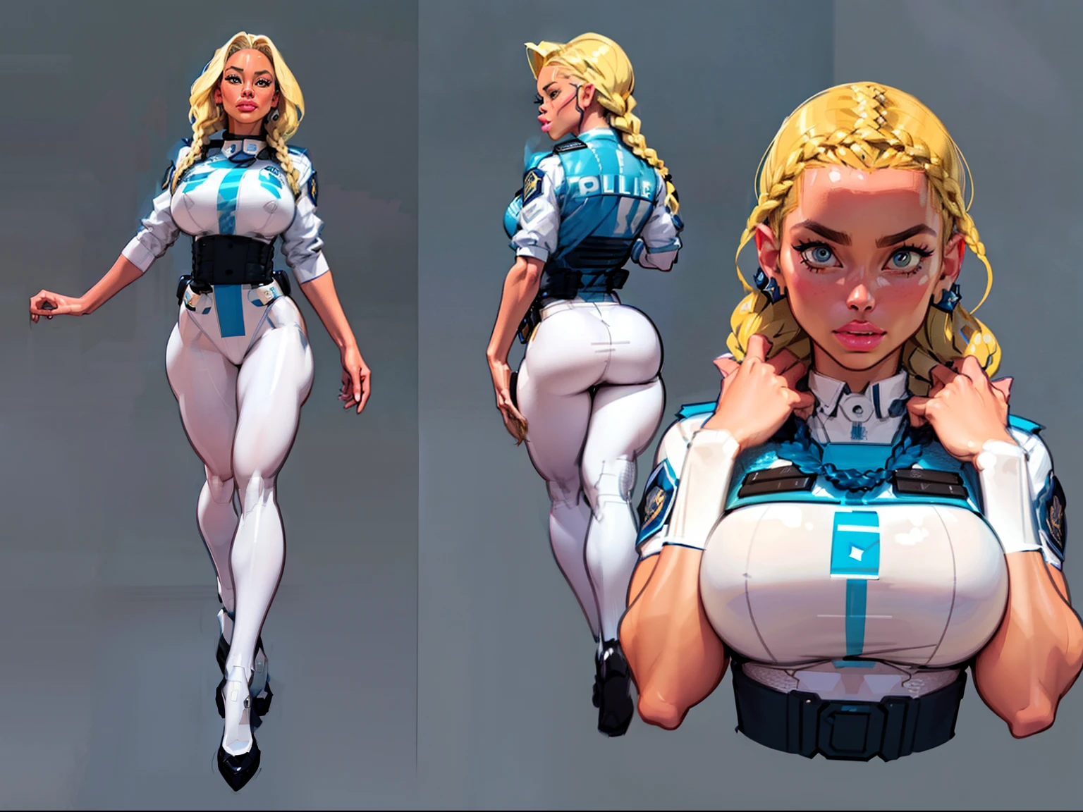 ((masterpiece)),(((best quality))),((character design sheet)), ((full body view)) illustration,1girl, muscular, ((black bodysuit:1.5)), superhero, (blonde twin tails:1.4), (gold cape:1.3) ((detailed face:1.4)) beautiful woman, (gold boots:1.1)shiny skin, (gold emblem on chest:1.2),scribbles and marks, (puffy lips:1.3), rough sketches, pose, 8k,16k, (simple background, white background: 1.3)
