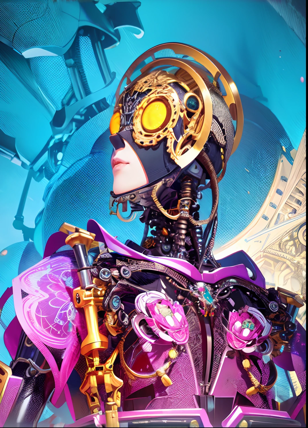 There is a robot dressed in purple and gold, Colorful sci-fi steampunk, fashionable cyberpunk mechanoid, portrait of a cyborg queen, rococo cyberpunk, Vivid steampunk concept, Gorgeous cyberpunk armor, greg beeple, cyber steampunk 8 k 3 d, cyberpunk robotic elvish queen, Mechanized Valkyrie girl, Beautiful robot character design, art nouveau cyberpunk! Style