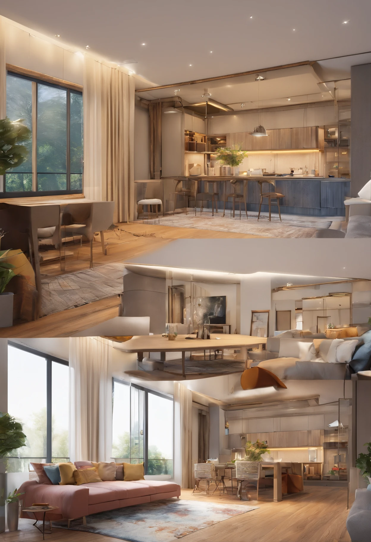 (best quality,highres:1.2), ultra-detailed, spacious and open living room with a sense of height emphasized (compact layout), for example, the part near the window can be raised to create a leisure area. The entrance can be a small cloakroom (like a hotel entrance). Can the kitchen and living room be more transparent (if it's a load-bearing wall, can it bear half of the load-bearing wall and half glass, it's too depressing now). Combine 2 bedrooms into 1 to accommodate 2 adults and 2 children.