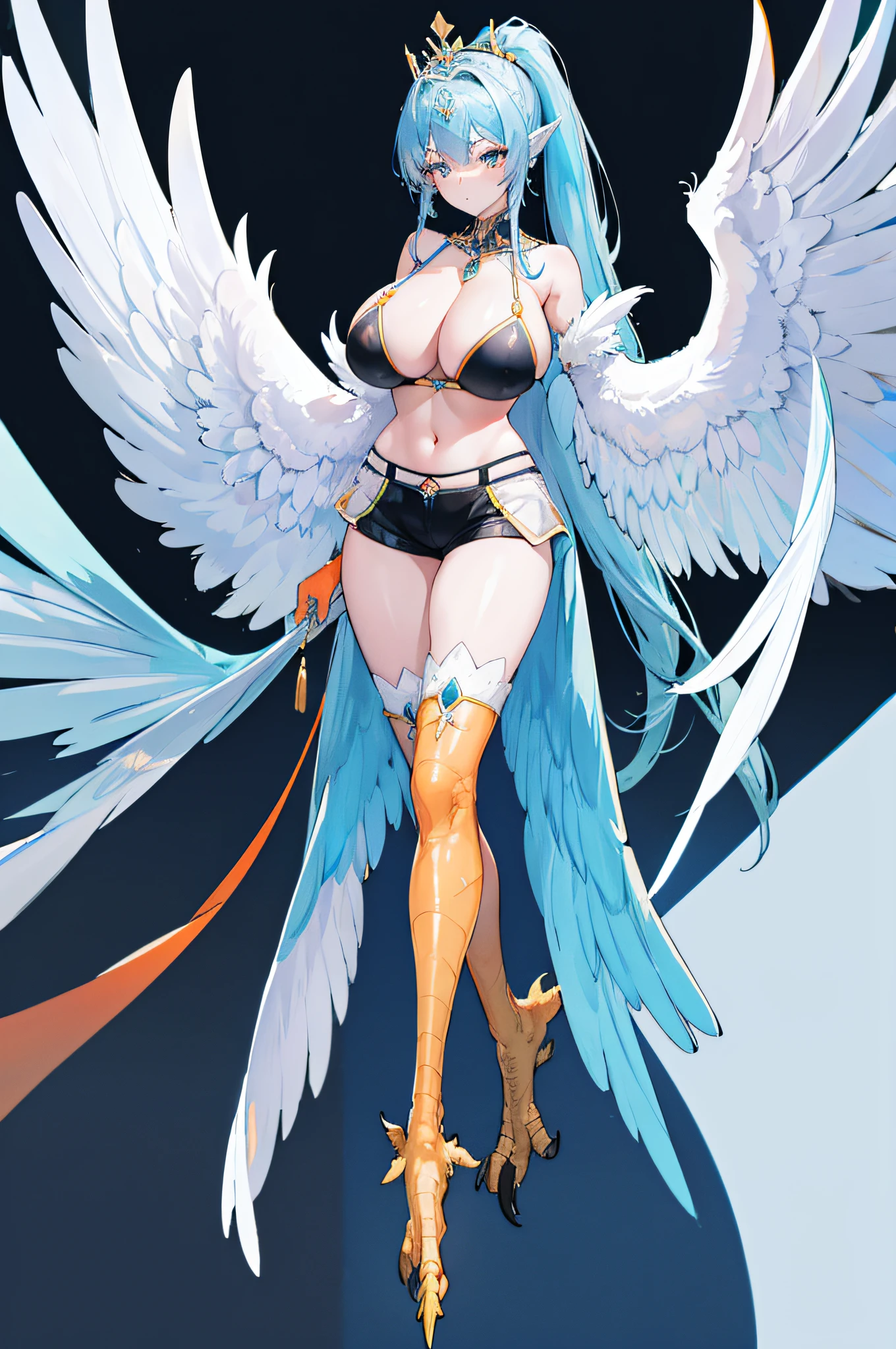 4k,hight resolution,One Woman,harpy,lightblue hair,Long ponytail,huge tit,large white wings,Orange claws,A queen,The Queen's Tiara,Black high-leg shorts,Black bra,jewel decorations