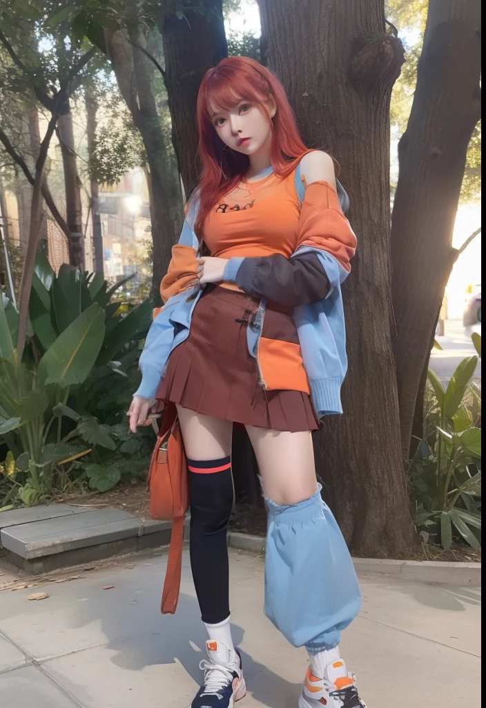 Cute、Wild look、infp young woman、large full breasts、beautiful foot、Orange Mesh Red Hair、、Good Style、、a miniskirt、Pale light blue and orange jacket、knee sox