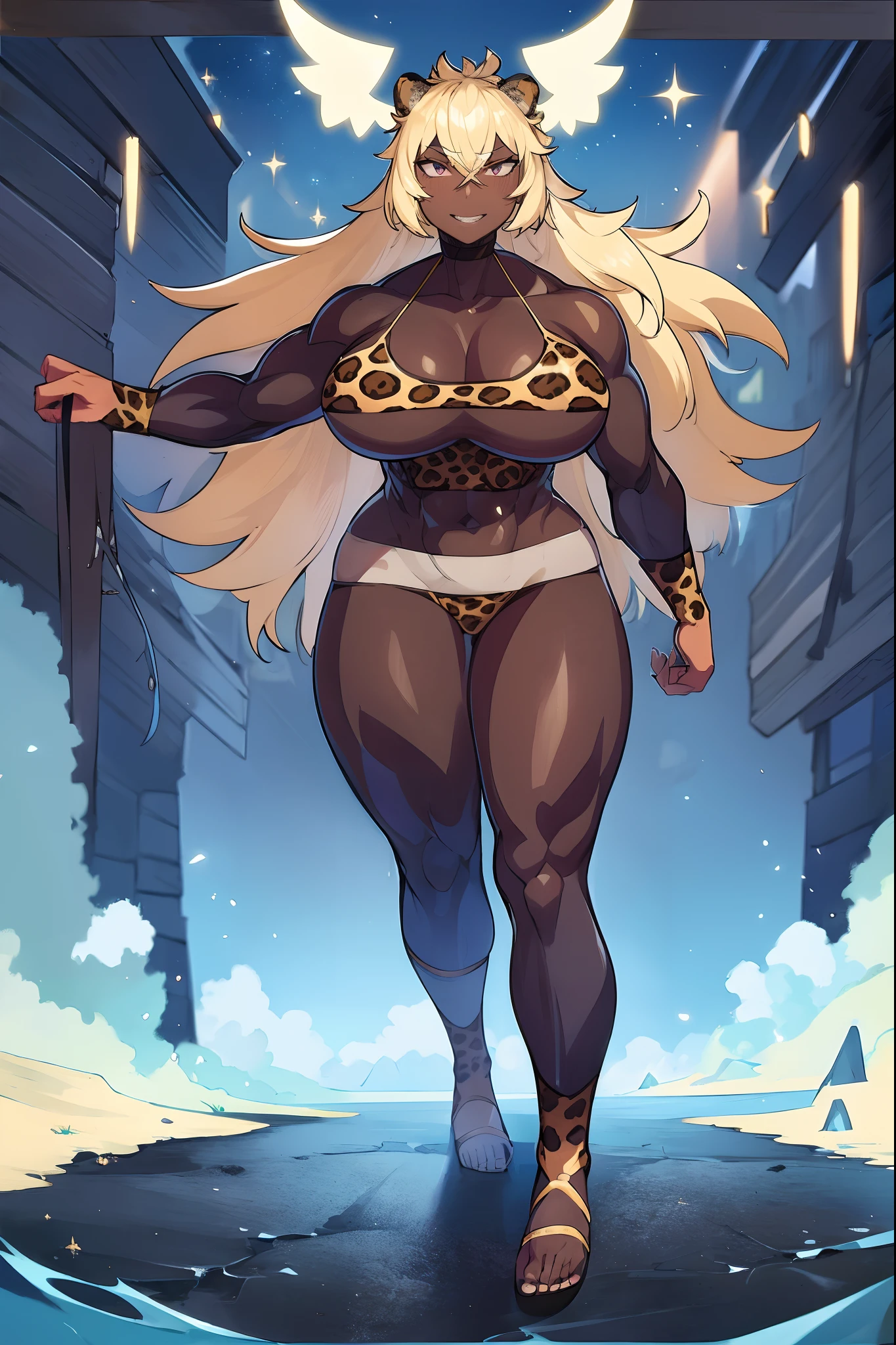 Muscle girl, dark-skinned woman, big chest, wings, happy,, coat jacket, pants, portrait, 1character, full body, walking, ,village, farm, , forest,flipflops,blond hair, revealing cloth, leopard cloths , barbarian,wings, fake animal ears, light smile, ear blush, fang, Surrealism, drop shadow, anaglyph, stereogram, tachi-e, pov, atmospheric perspective, Romanticism, Renaissance, 8k, super detail, ccurate, best quality, best quality, high quality, super detail, anatomically correct, UHD, retina, masterpiece, textured skin, ccurate, high details, award winning, highres, 1080P, HD, 4K, staff holding, angel wings, skirt