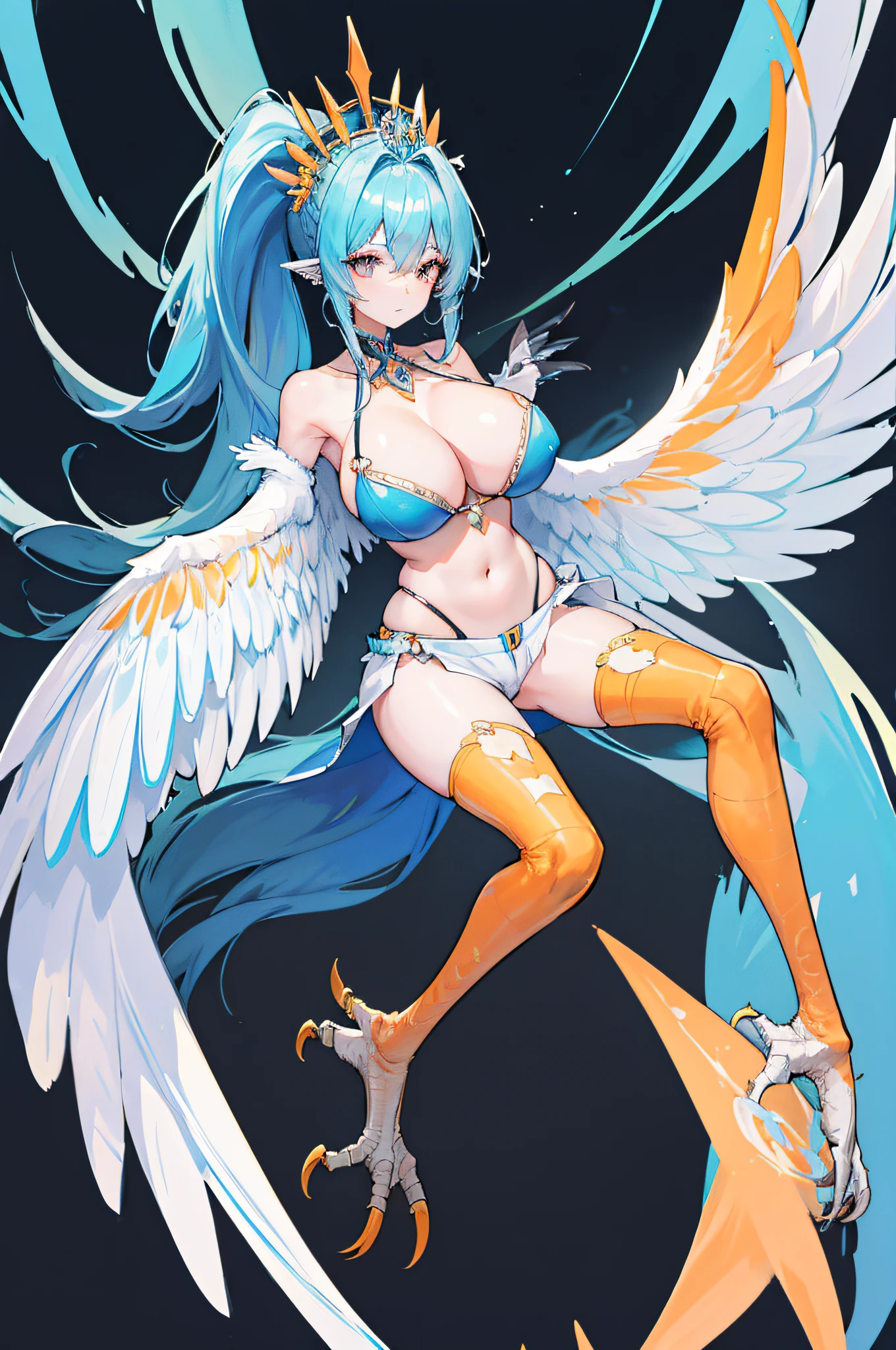 4k,hight resolution,One Woman,harpy,lightblue hair,Long ponytail,huge tit,large white wings,Orange claws,A queen,The Queen's Tiara,undergarment,Black high-leg shorts,Black bra,jewel decorations