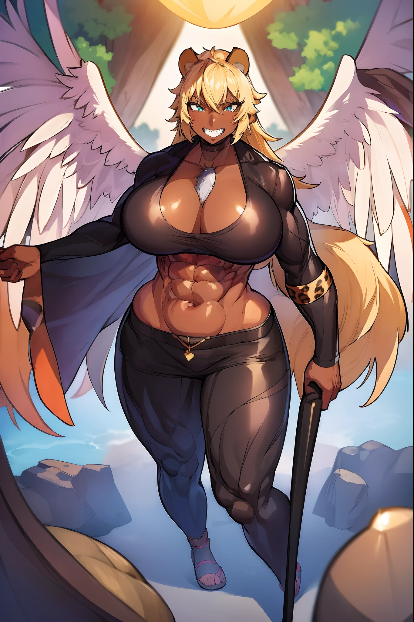 Muscle girl, dark-skinned woman, big chest, wings, happy,, coat jacket, pants, portrait, 1character, full body, walking, ,village, farm, , forest,flipflops,blond hair, revealing cloth, leopard cloths , barbarian,wings, fake animal ears, light smile, ear blush, fang, Surrealism, drop shadow, anaglyph, stereogram, tachi-e, pov, atmospheric perspective, Romanticism, Renaissance, 8k, super detail, ccurate, best quality, best quality, high quality, super detail, anatomically correct, UHD, retina, masterpiece, textured skin, ccurate, high details, award winning, highres, 1080P, HD, 4K, staff holding, angel wings, skirt, pants