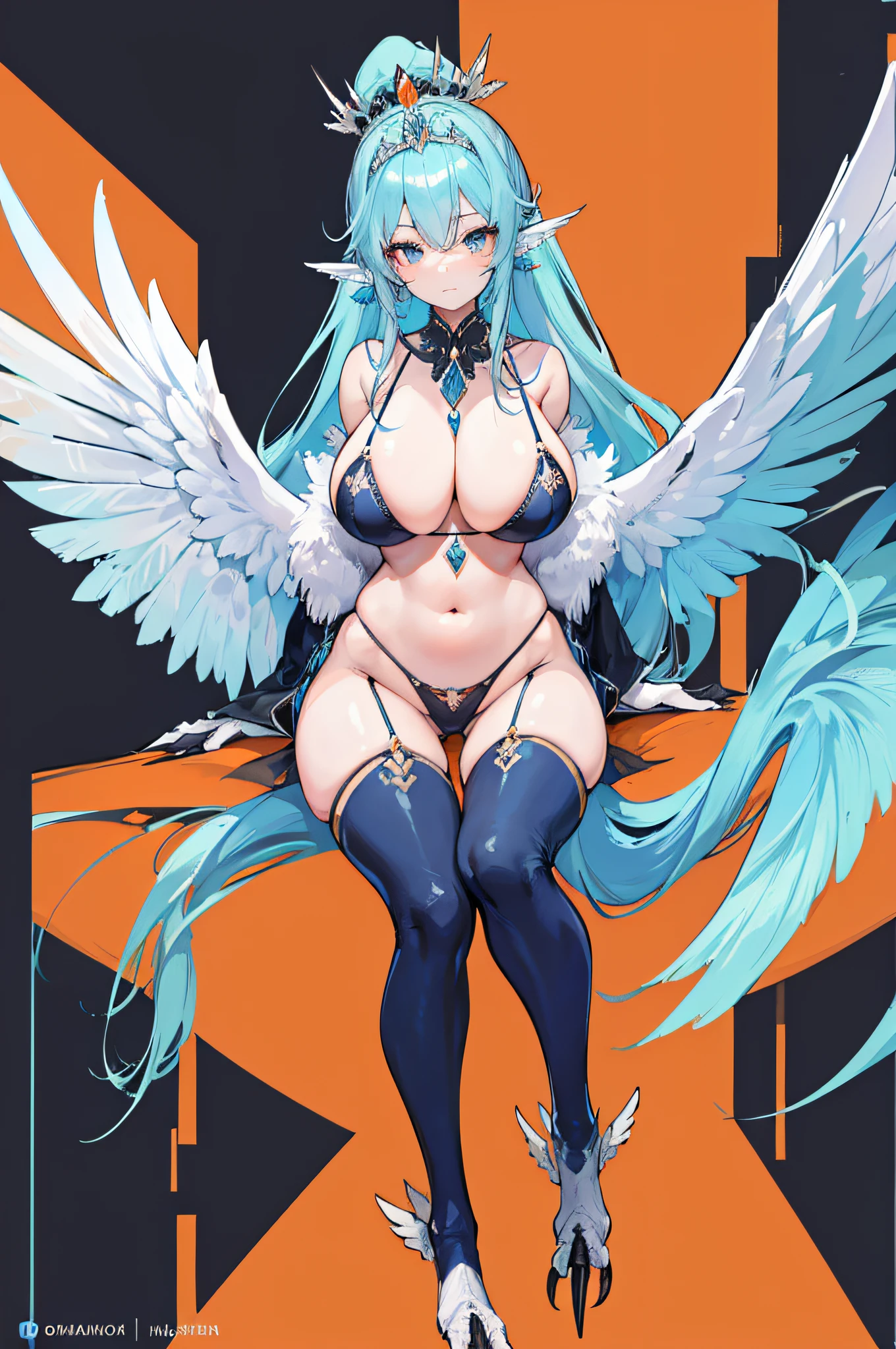4k,hight resolution,One Woman,harpy,lightblue hair,Long ponytail,huge tit,large white wings,Orange claws,A queen,The Queen's Tiara,undergarment,Black high-leg pants,Black bra,jewel decorations