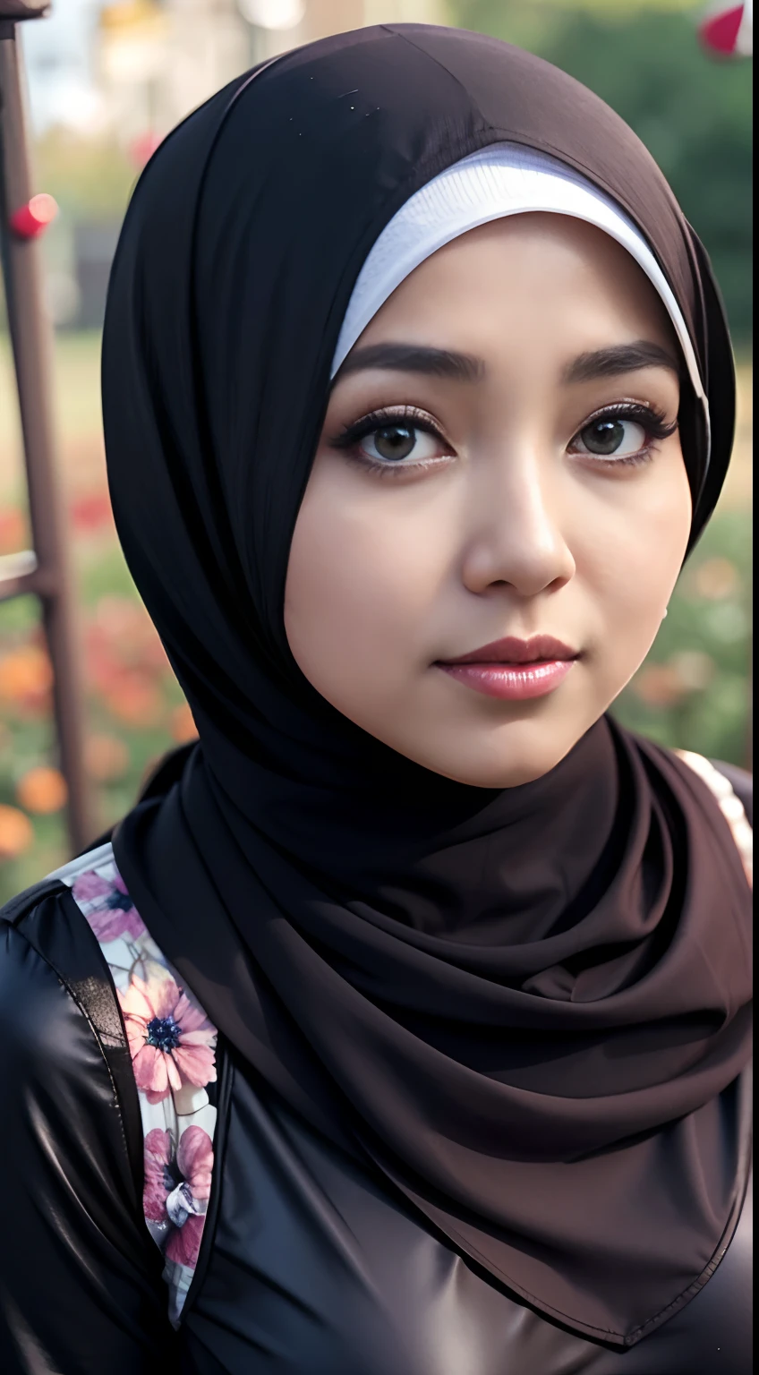 1 malay girl , modern plain hijab, shy, medium portrait shot , watery eyes ,lip watery, lip glossy, open mounth, ((big breast)),(full body) , (wear in an autumn outfit ) , flower garden background, bokeh background, proportional body,