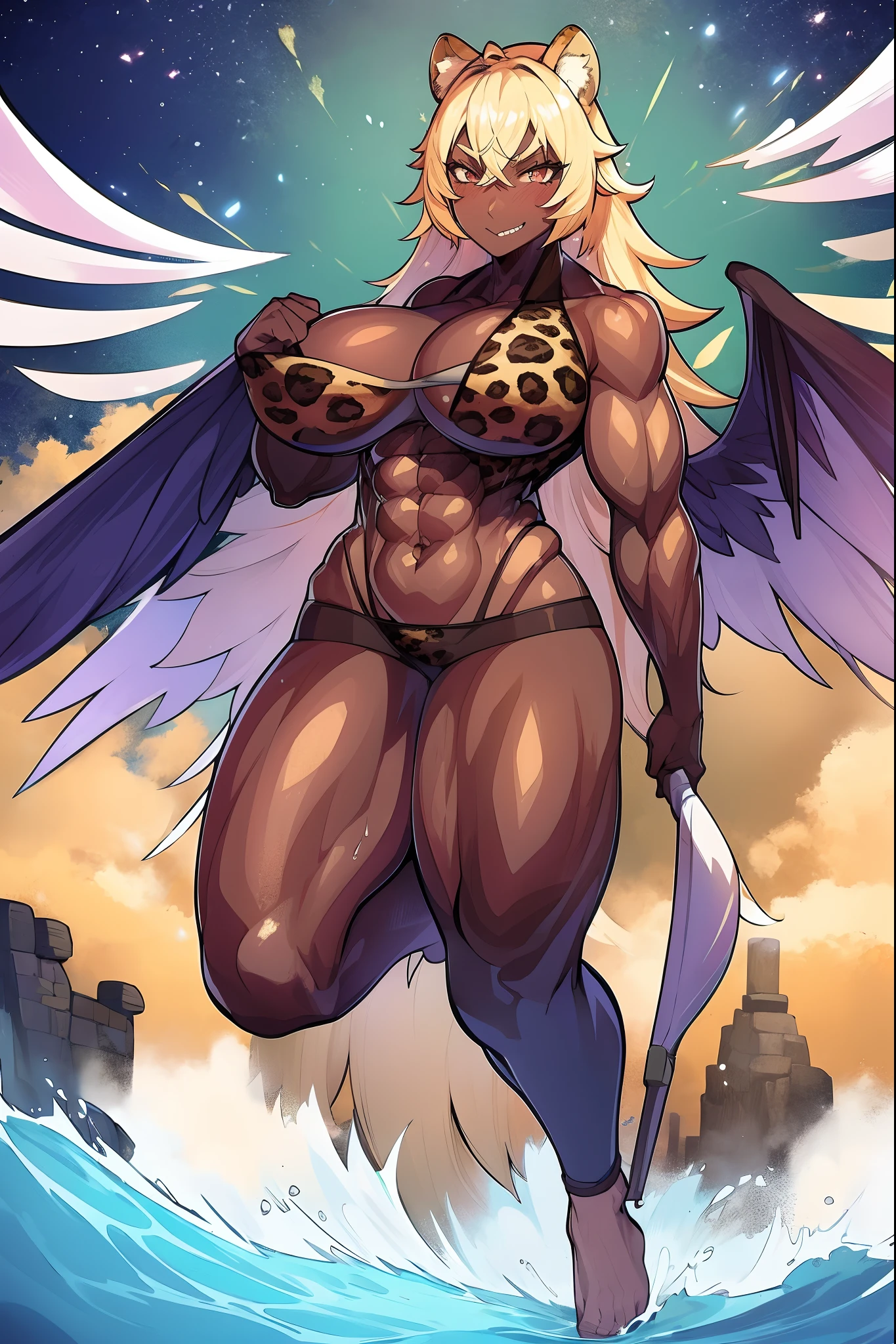 Muscle girl, dark-skinned woman, big chest, wings, happy,, coat jacket, pants, portrait, 1character, full body, walking, ,village, farm, , forest,flipflops,blond hair, revealing cloth, leopard cloths , barbarian,wings, fake animal ears, light smile, ear blush, fang, Surrealism, drop shadow, anaglyph, stereogram, tachi-e, pov, atmospheric perspective, Romanticism, Renaissance, 8k, super detail, ccurate, best quality, best quality, high quality, super detail, anatomically correct, UHD, retina, masterpiece, textured skin, ccurate, high details, award winning, highres, 1080P, HD, 4K, staff holding, angel wings, skirt