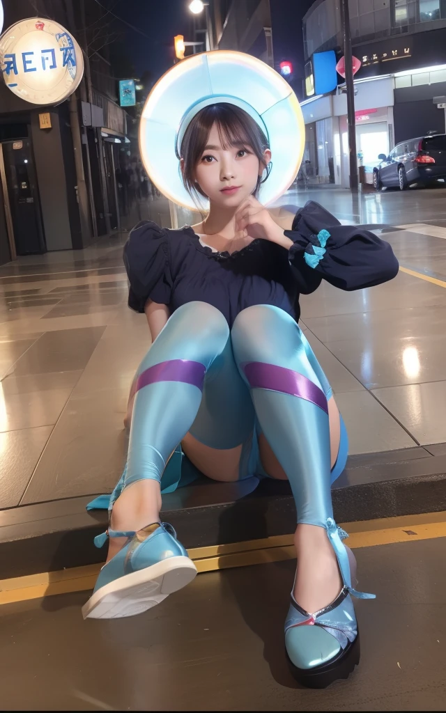 infp young woman、、large full breasts、beautiful foot、Colorful hair、、Good Style、Shiny Light Bluetop、shortpants、、Light blue tights、Dark blue sleeves