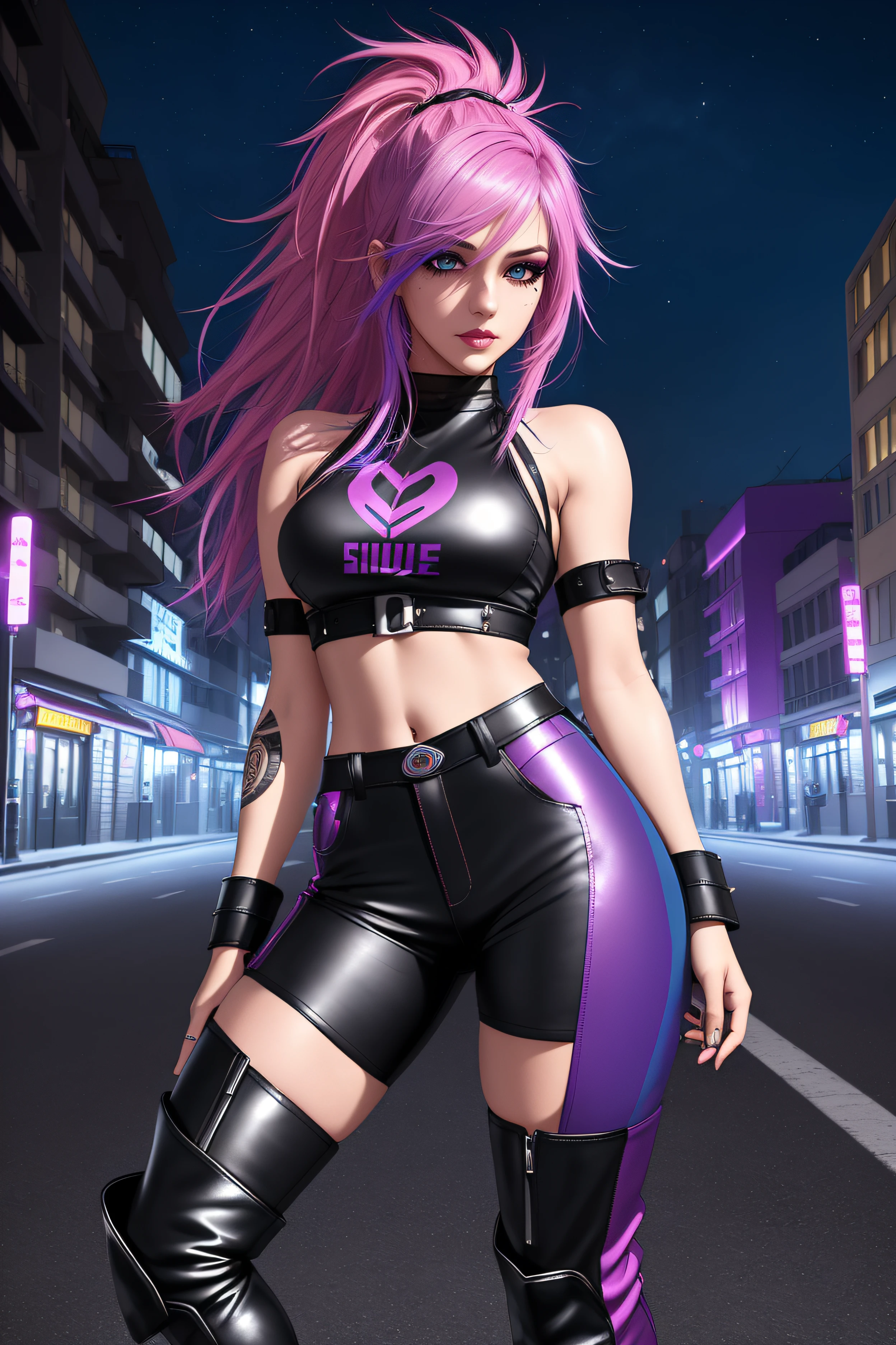 beautiful girl, full body, short bright blue and magenta streaked dishevelled hair, large blue piercing eyes, black eyeshadow, (street style wear:1.2), ((tight fitted pants)), ((knee high leather boots)), (city night background:1.2), dark makeup, digital art, trending on artstation, highly detailed, fine detail, intricate,  beautiful detailed glow, detailed, Cinematic light, high-res, detailed facial features, sharp focus, smooth, aesthetic,