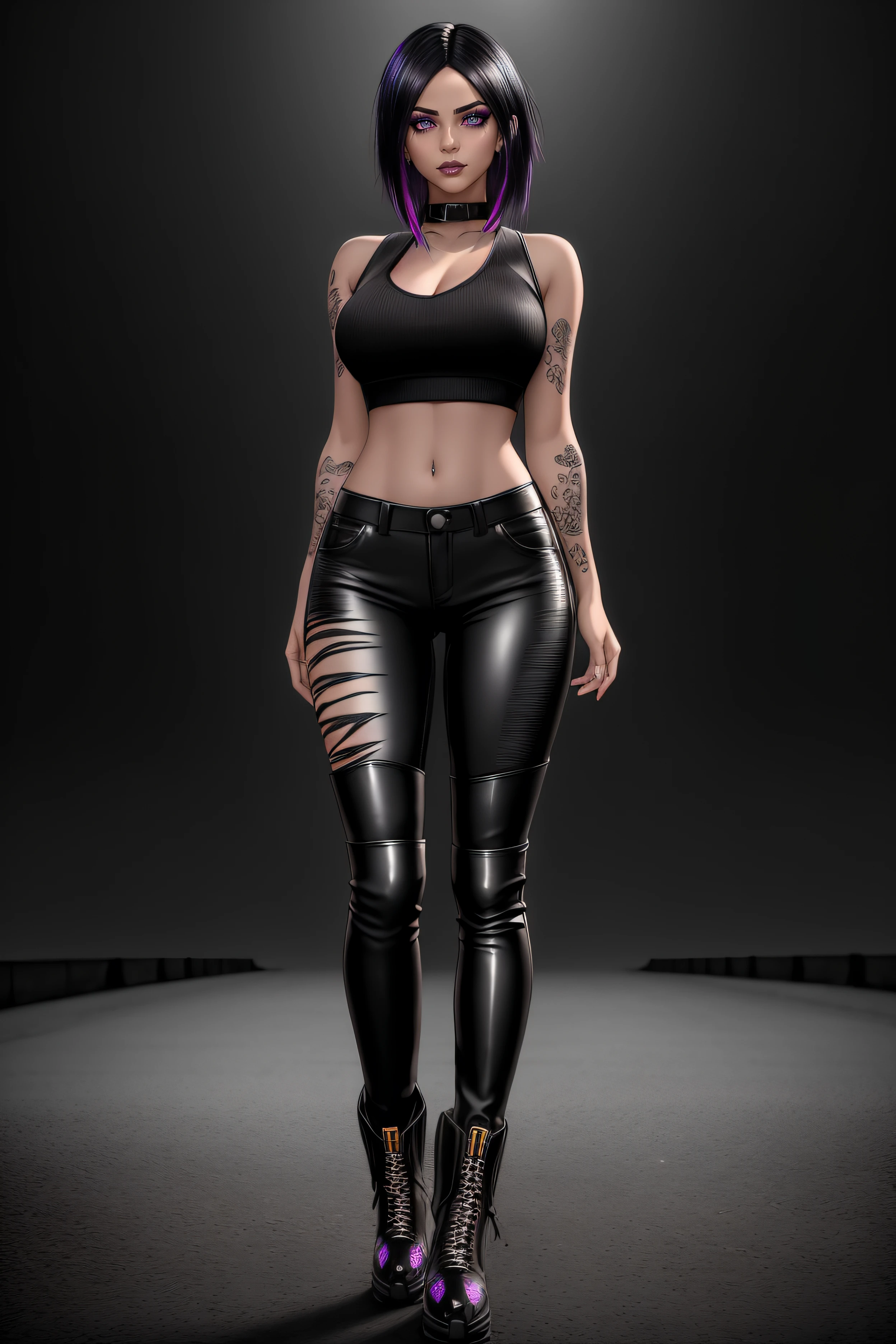 beautiful girl, ((standing:1.4)), (confident gaze:1.1), full body, short bright neon streaked black hair, ((realistic highly detailed eyes:1.4)), ((seductive pose:1.2)), black eyeshadow, (street style wear:1.2), ((tight fitted pants)), ((knee high leather boots)), (dark city night black background:1.4), dark makeup, digital art, trending on artstation, highly detailed, fine detail, intricate, detailed facial features, sharp focus, smooth, aesthetic,