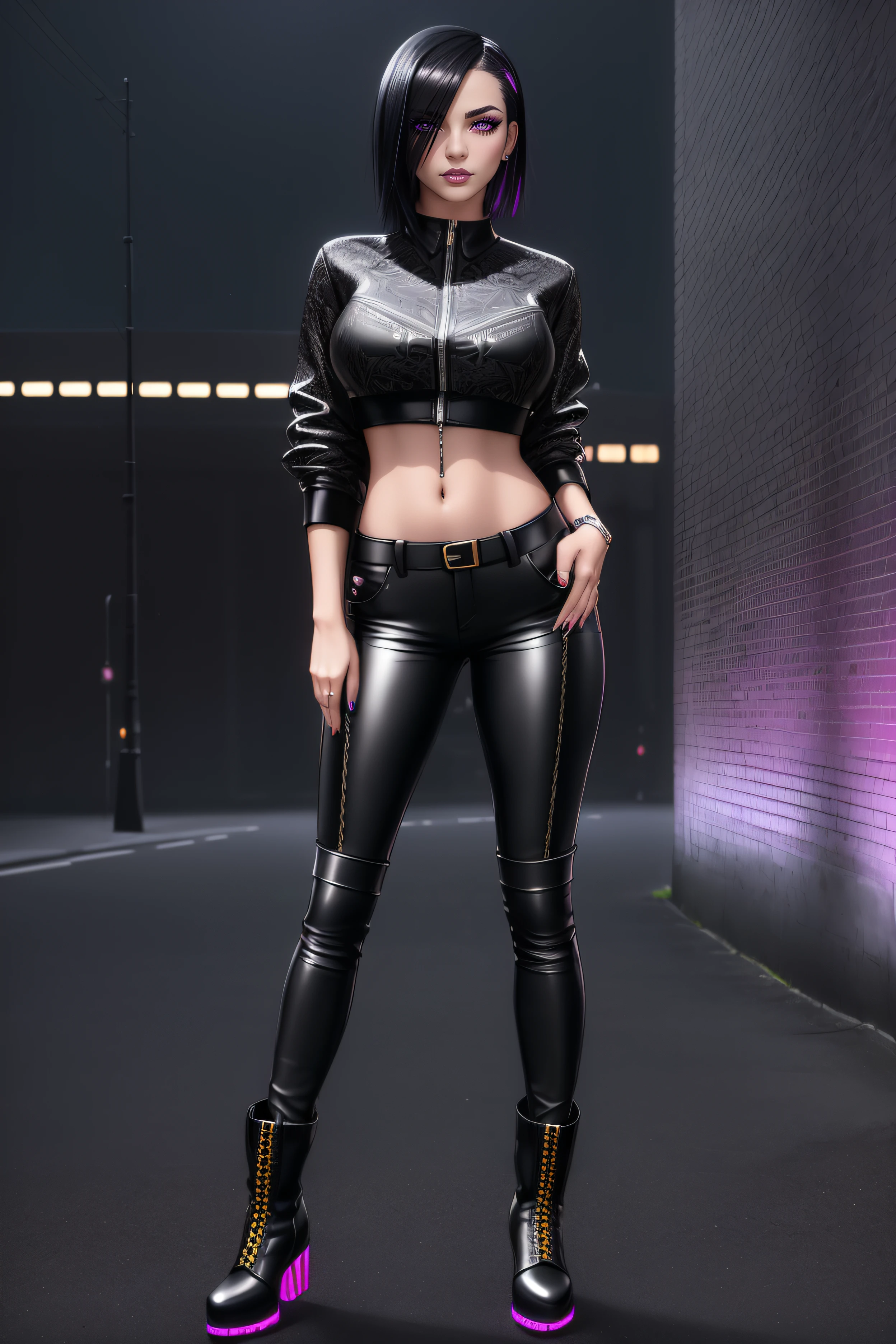 beautiful girl, ((standing:1.4)), (confident gaze:1.1), full body, short bright neon streaked black hair, ((realistic highly detailed eyes:1.4)), ((seductive pose:1.2)), black eyeshadow, (street style wear:1.2), ((tight fitted pants)), ((knee high leather boots)), (dark city night black background:1.4), dark makeup, digital art, trending on artstation, highly detailed, fine detail, intricate, detailed facial features, sharp focus, smooth, aesthetic,