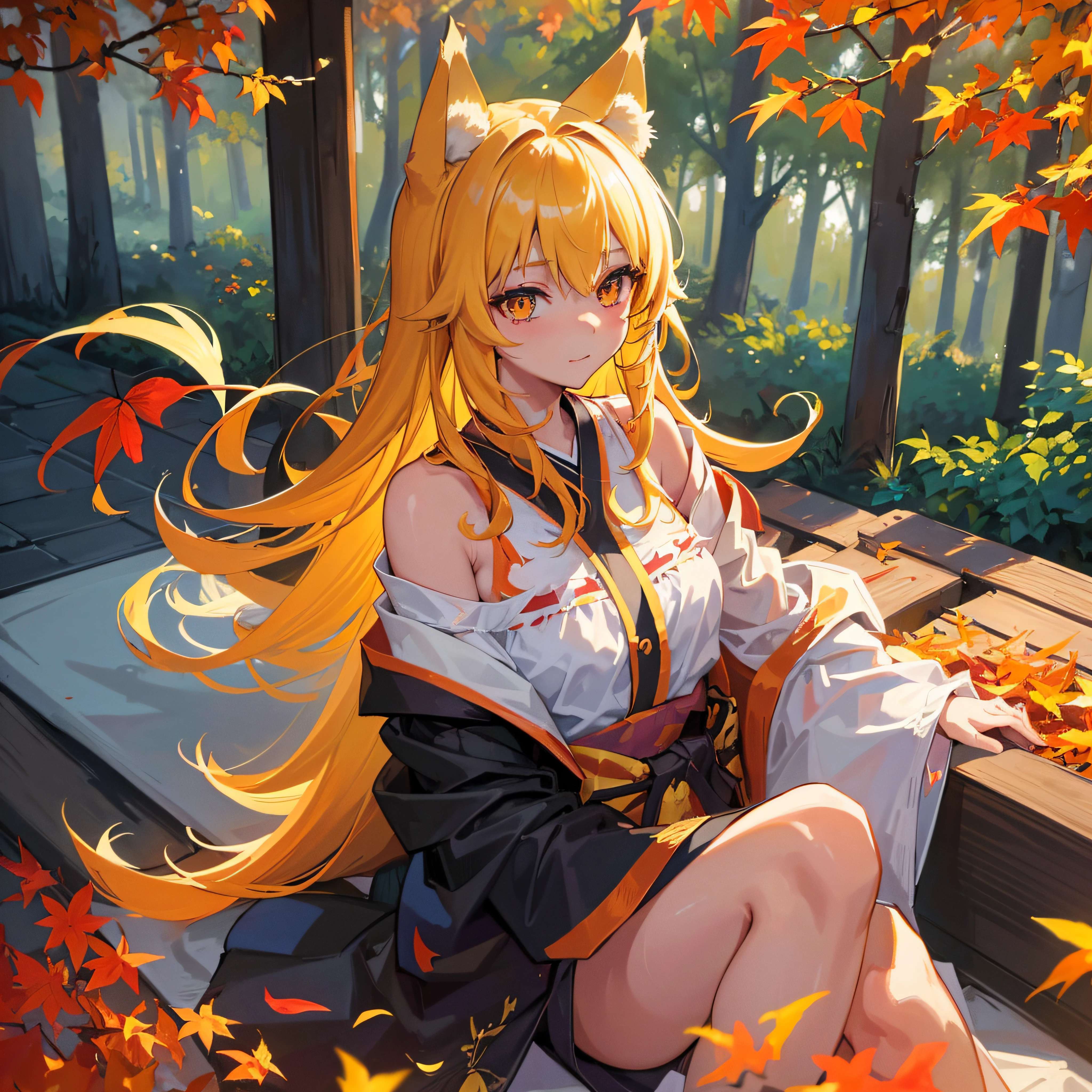 autumnal、the woods、Colored leaves, (top-quality), ((​masterpiece)), Original, Kimono、undergarment、teats、bath robe、((详细的脸))、beautiful finely detailed eyes、hair messy、
1girl in,full bodyesbian,(The upper part of the body:0.7), (Golden Eyes),(Akame),(Wolf ears),(yellow  hair),(Wolf's tail),(Wolf ears),(Cute little girl:1.1),(Wolf ears),Beautiful fine eyes,orange color hair,Very long hair,Medium chest