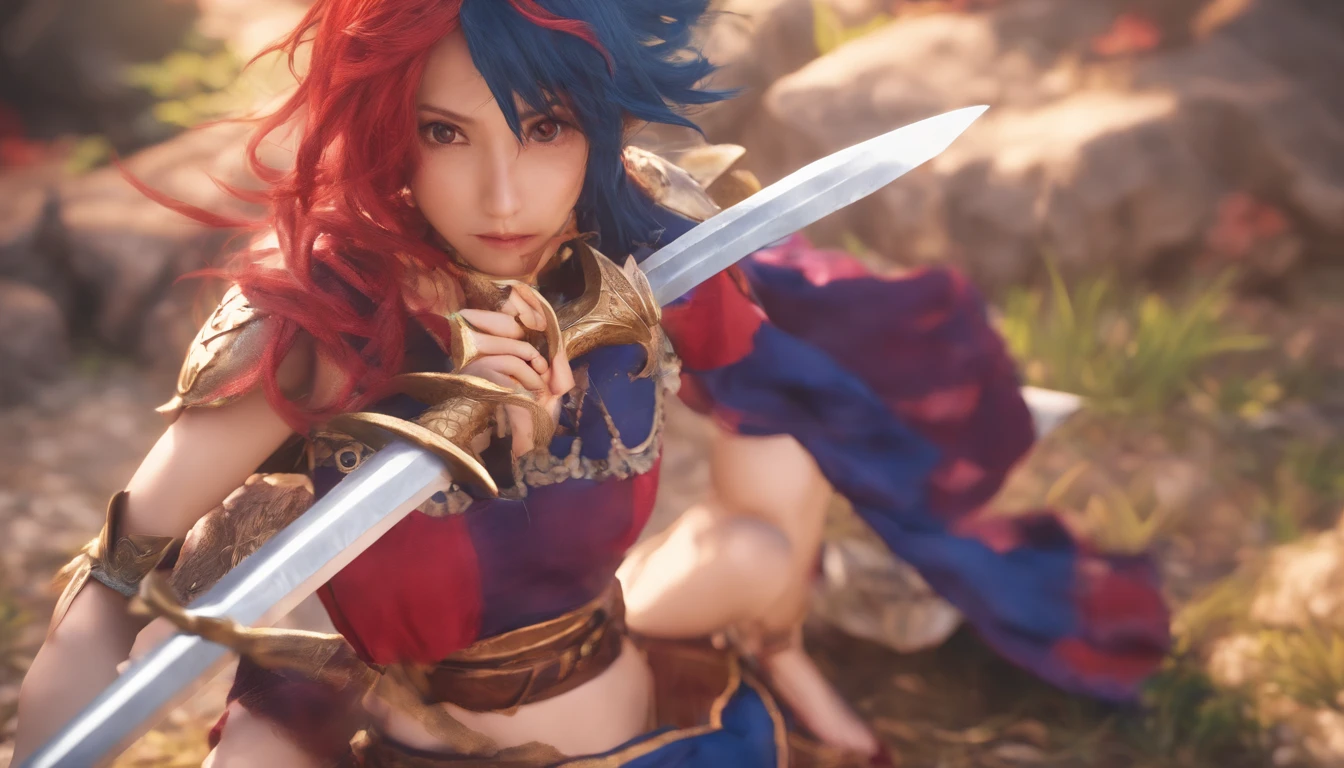 8k full HD, best quality, Vietnamese woman, big sword, gundam armor, sitting on the floor, realistic, high quality, beautiful body, looking towards viewer, red hair