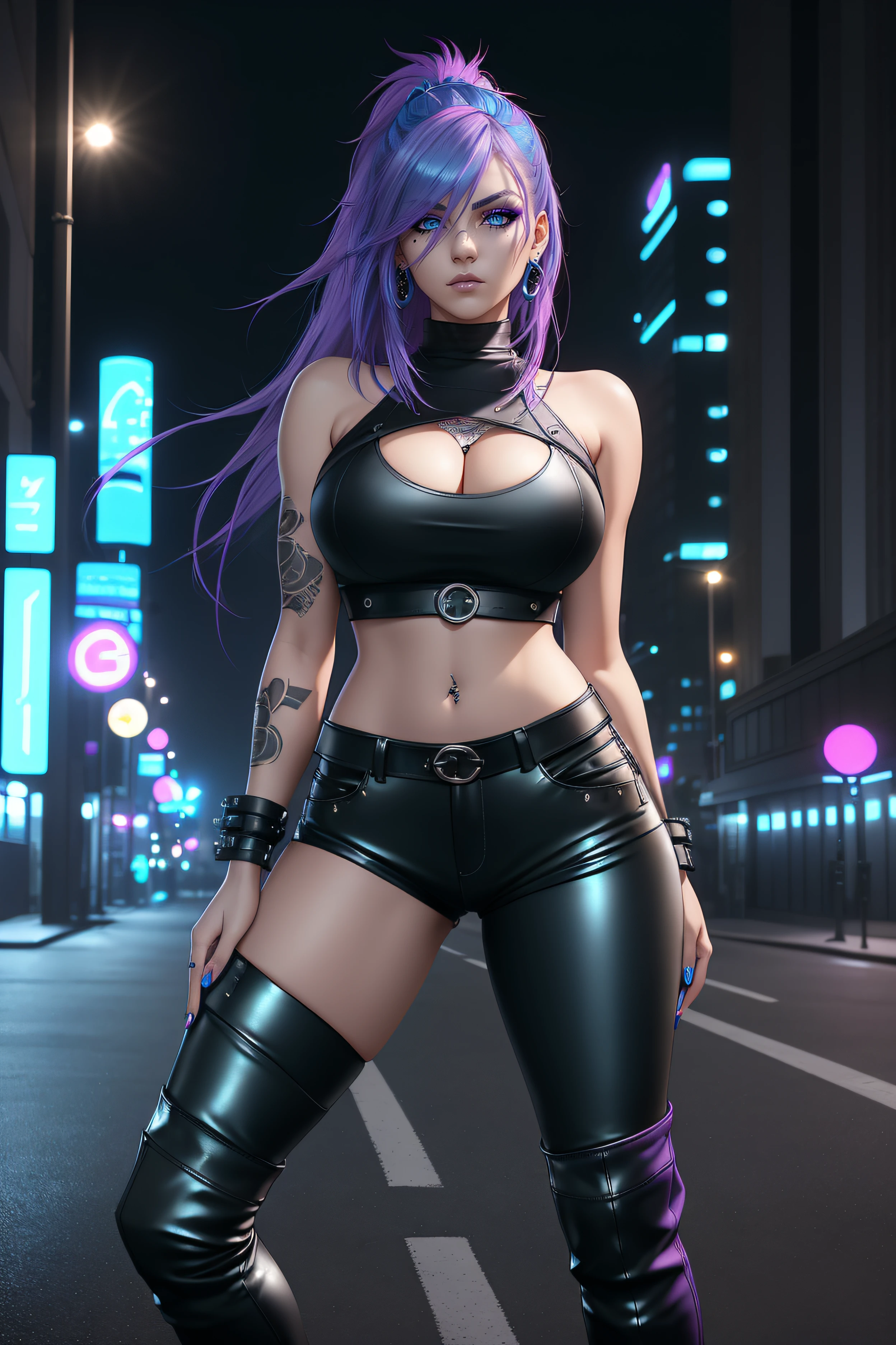 beautiful girl, full body, short bright cyan and purple streaked dishevelled hair, large blue piercing eyes, black eyeshadow, (street style wear:1.2), ((tight fitted pants)), ((knee high leather boots)), (city night background:1.2), dark makeup, digital art, trending on artstation, highly detailed, fine detail, intricate, beautiful detailed glow, detailed, Cinematic light, high-res, detailed facial features, sharp focus, smooth, aesthetic,