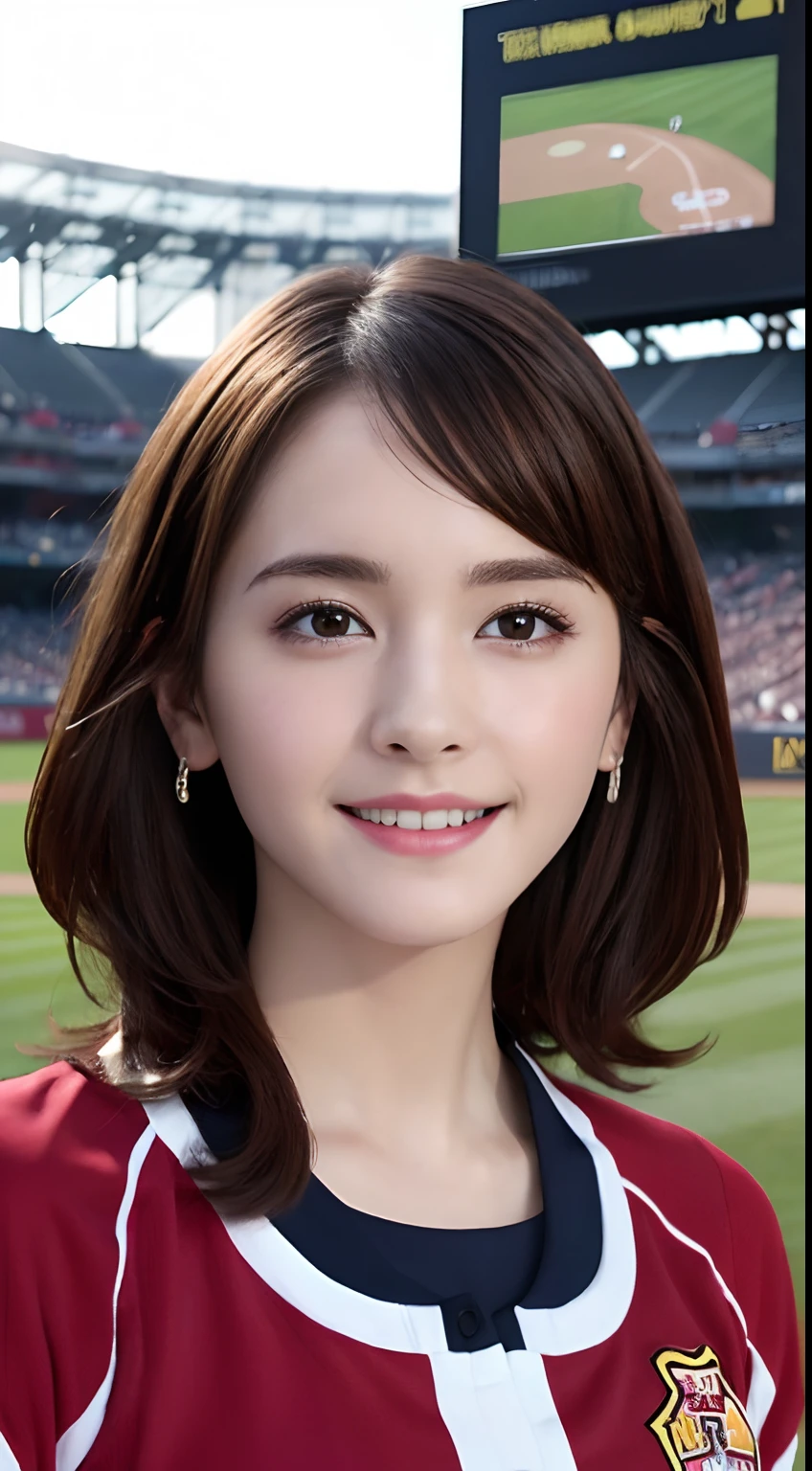 (A hyper-realistic), (hight resolution), (8K), (ighly detailed),  (beatiful detailed eyes), (top-quality), (ultra-detailliert), (​masterpiece), (A detailed face), softfocus、face of emma watson、Colossal tits、japanes、Wearing a cheerleader uniform、Outstanding smile、Background of the baseball stadium