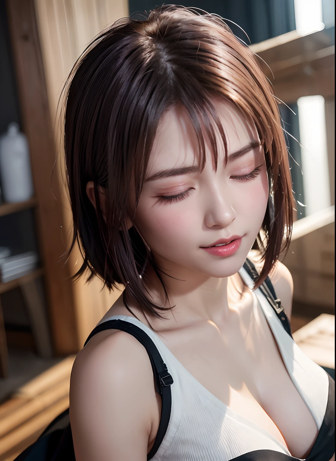 masutepiece,award - winning photo, Extremely detailed, edgOrgasm, Woman with mouth open and eyes closed , Skin shiny with sweat、Face Focus、Young and beautiful woman、Illumination that emphasizes shiny sweat{{{Spread }}}, NSFW、top-quality、超A high resolution、(Photorealsitic:1.4)、Beautiful eyes、Super beauty、Shorthair、爆乳、Overflowing、T-shirt with rough chest、Perfect Style、Perfect balance、Detailed skin、Chest visible、(sodden)