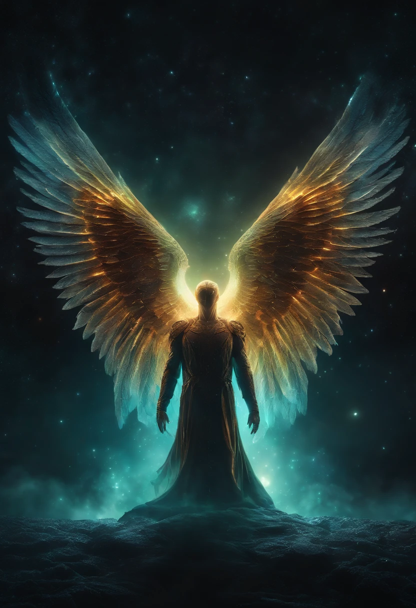 Cosmic Fallen Angel, glowing light eyes, Biomechanical, eerie, Creepy, nightmarish, Very bright colors, Light particles, with light glowing, Mshiv, wallpaper art, UHD wallpaper