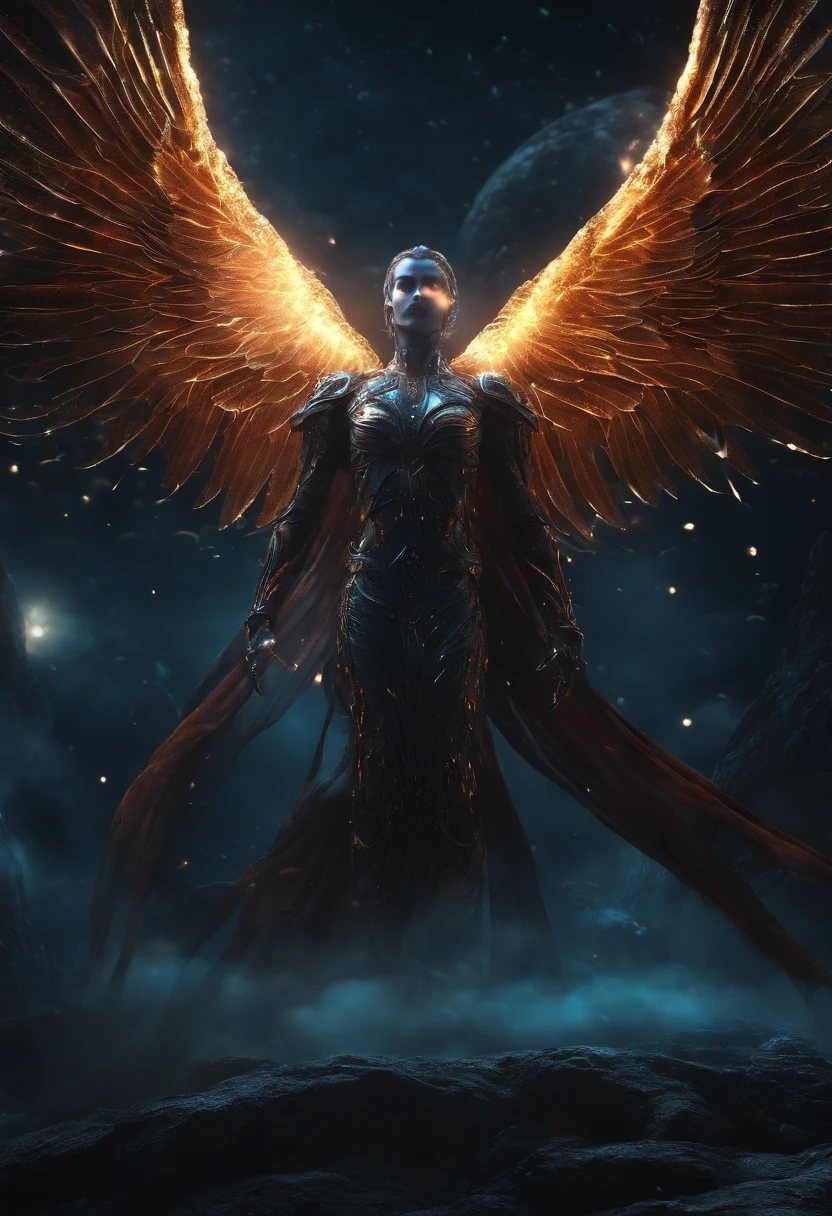 Cosmic Fallen Angel, glowing light eyes, Biomechanical, eerie, Creepy, nightmarish, Very bright colors, Light particles, with light glowing, Mshiv, wallpaper art, UHD wallpaper