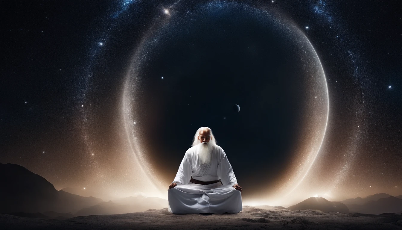 30-year-old Asian middle-aged Taoist priest sitting in the universe with his eyes closed,long white hair,Meditate,There is a white beard,Meditation cross-legged,Daoism, Wear a white robe,white sash,Taoist master,Taoist,The entire galactic starry sky,Magnificent momentum,Rising starlight,at centre,Face the lens,The color of the vast blue starry sky, Light particles, with light glowing, Mshiv, wallpaper art, UHD wallpaper