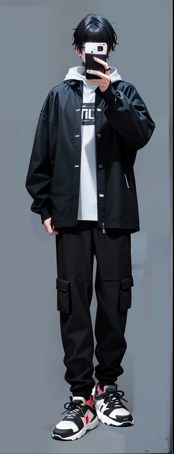 Arafeld man wearing black jacket taking a selfie with his cellphone, wearing japanese techwear, Rough black clothes, Black Jeans, black oversized clothes, all black cyberpunk clothes, casual black clothing, wearing urban techwear, wearing jeans and a black hoodie, wearing black modern clothes, mechanic punk outfit, wearing space techwear, with two front pockets