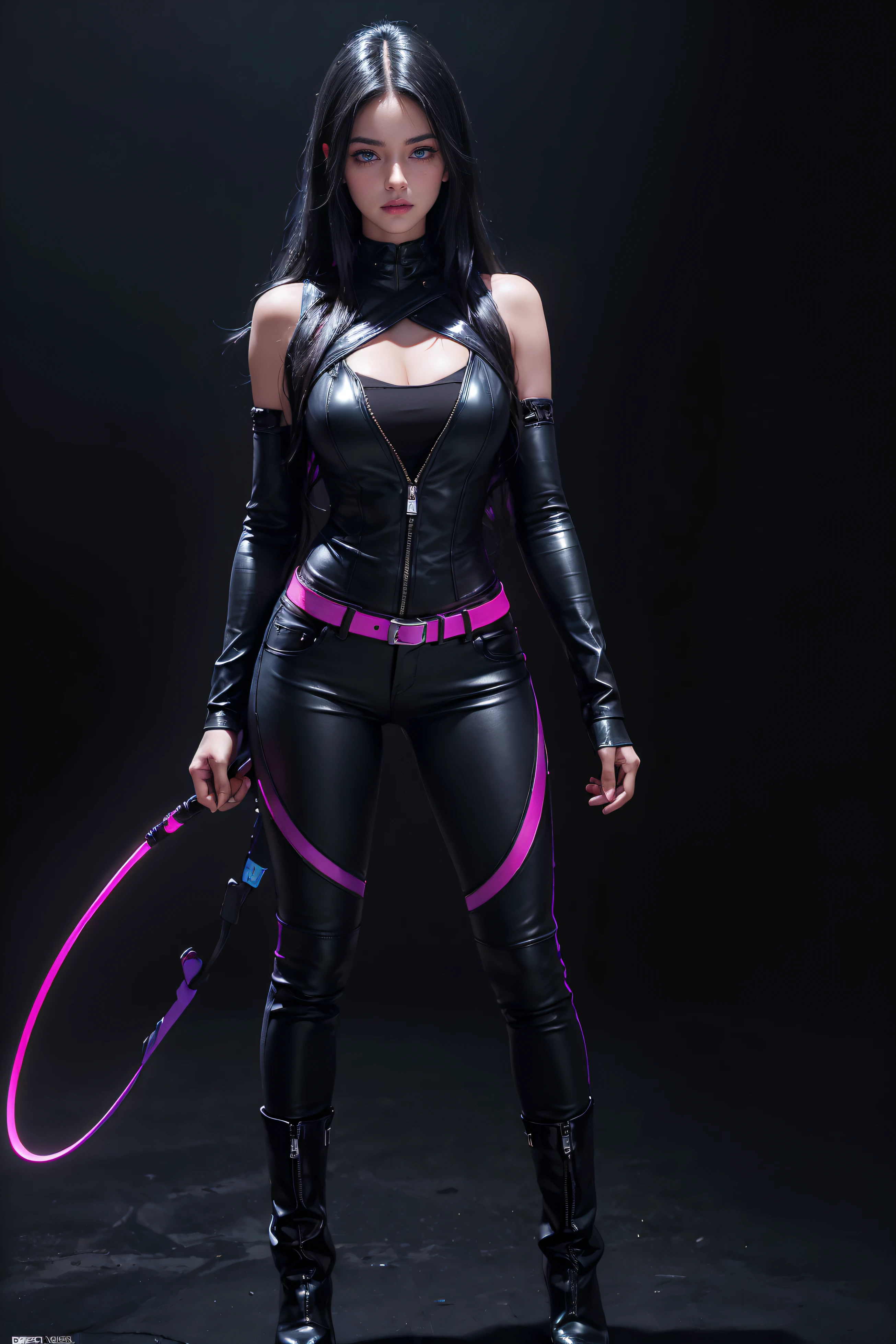 (black long wavy hair with blue and purple neon lighting:1.2),(close-up photo:1.2) Best image quality, Masterpiece, Ultra-high resolution, (Fidelity:1.4), ((BDSM personage)), Mila Kunis, deep cleavage, large breasts, BDSM outfit, ((Award-winning ultra-realistic photos)),(Hyper-detailing),(Complicated details),(High resolution CGI artwork 8k), LED light, illuminated by neon lights, beautiful girl, ((standing:1.4)), (confident gaze:1.1), full body, short bright neon streaked black hair, ((realistic highly detailed eyes:1.4)), ((seductive pose:1.2)), black eyeshadow, (street style wear:1.2), ((tight fitted pants)), ((knee high leather boots)), (dark city night black background:1.4), dark makeup, digital art, trending on artstation, highly detailed, fine detail, intricate, detailed facial features, sharp focus, smooth, aesthetic,