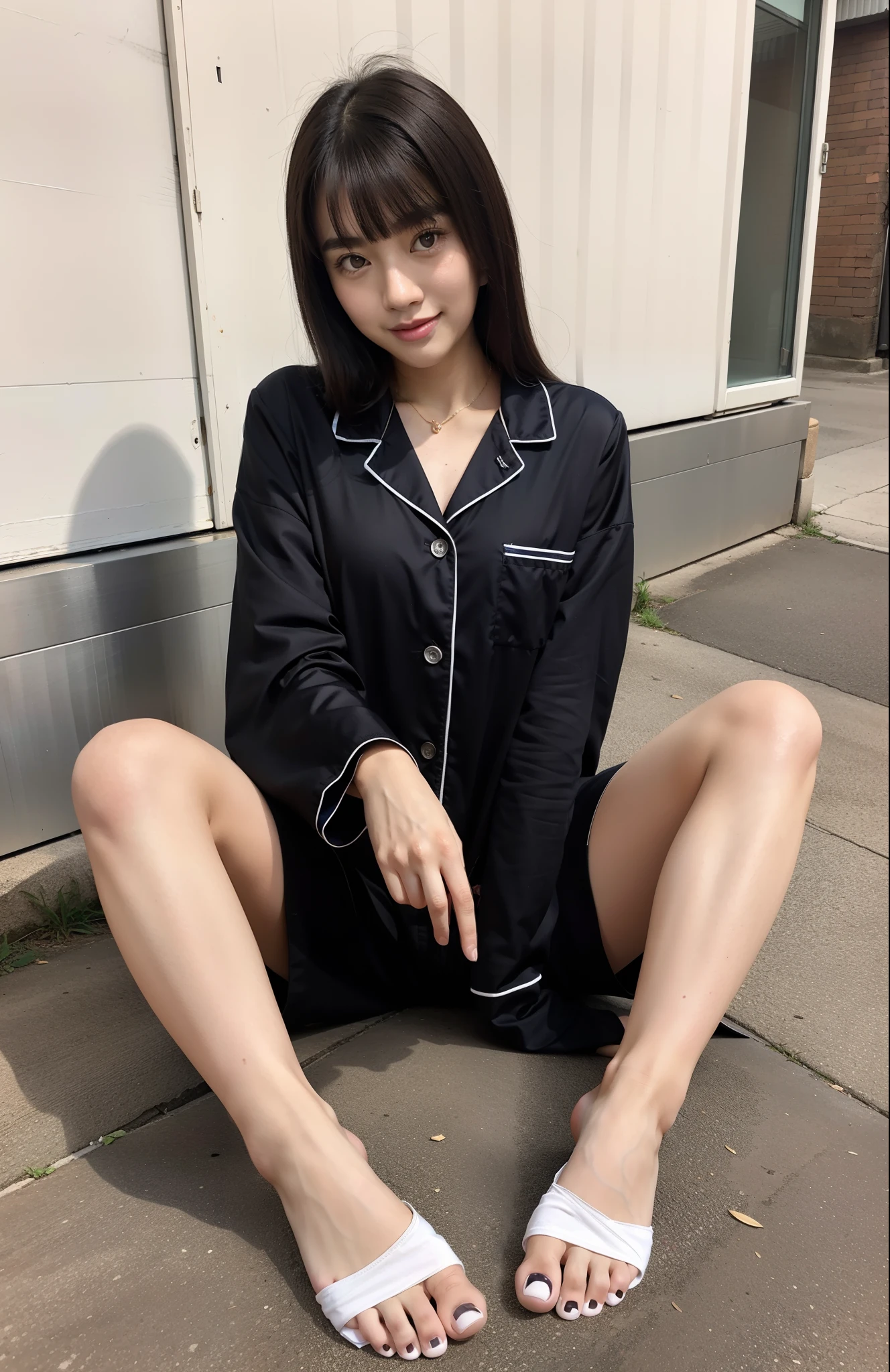 A very beautiful woman facing the camera,Positive position,Sit,Spread your legs apart,crossedlegs,Step on the ground。Elongated legs,Close-up of foot,Barefoot,No shoes,Fingerless slippers,pyjamas。Nice toes,Five toes。bangs,primary school student,Lovely,naïve。(Two legs)(Ultra HD reality TV style),(crossedlegs,spread their legs)。Show your toes,finger nails。(Place your hands on the ground on either side。)