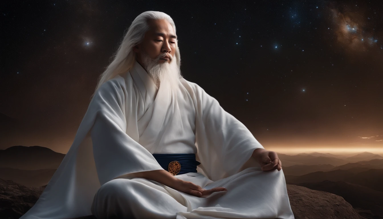 30-year-old Asian middle-aged Taoist priest sitting in the universe with his eyes closed,long white hair,Meditate,There is a white beard,Meditation cross-legged,Daoism, Wear a white robe,white sash,Taoist master,Taoist,The entire galactic starry sky,Magnificent momentum,Rising starlight,at centre,Face the lens,The color of the vast blue starry sky, Light particles, with light glowing, Mshiv, wallpaper art, UHD wallpaper