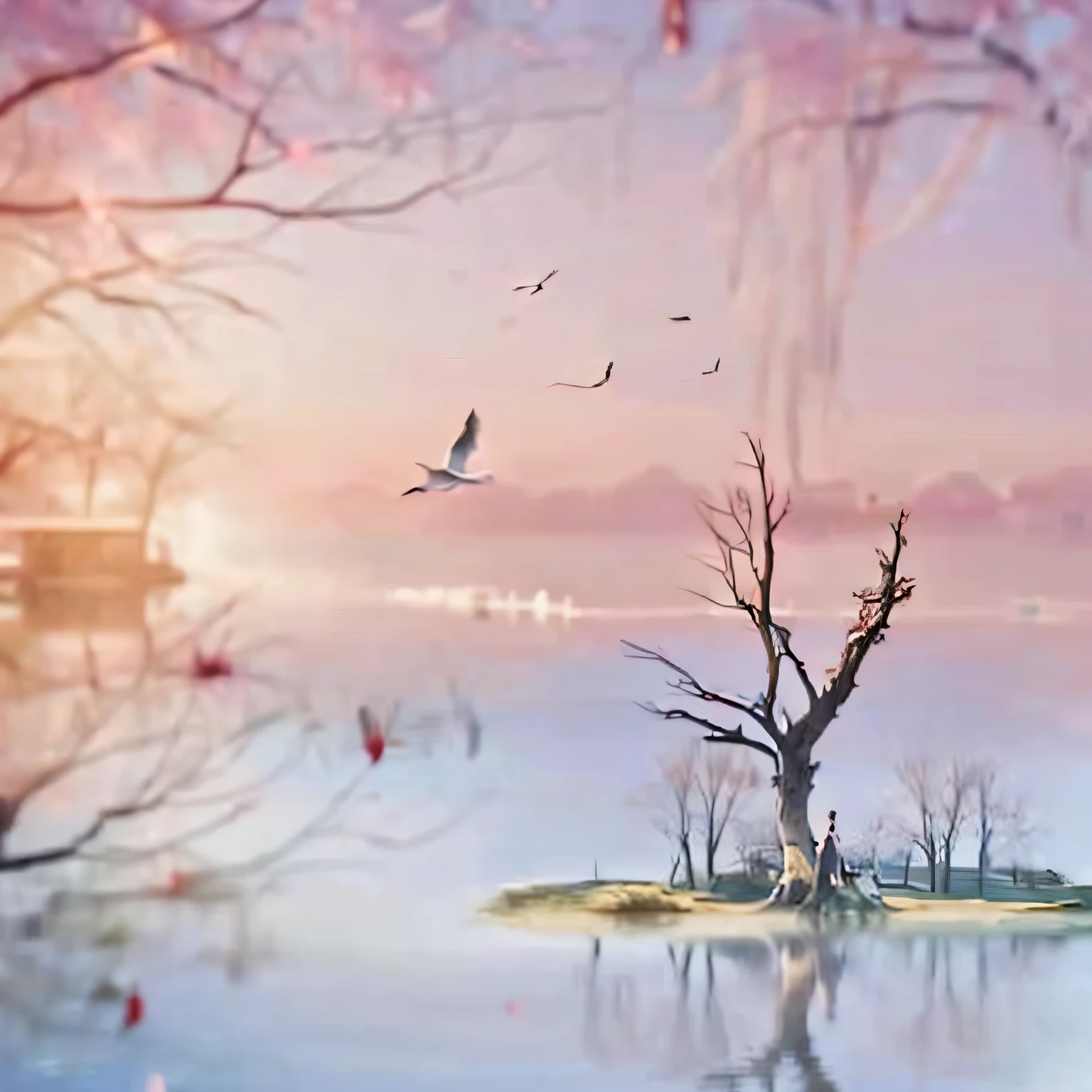 There was a tree standing in the water，Birds fly around, melancholy pastel art, blurry and dreamy illustration, pastel style painting, dreamy scenes, pastel art, in a surreal dream landscape, DreamlikeArt, serene illustration, blurry and dreamy illustration, Fantastical Atmosphere, pastel artwork, atmospheric artwork, lonely tree, Winter sun, Evening sunset, of the tree, the sunset