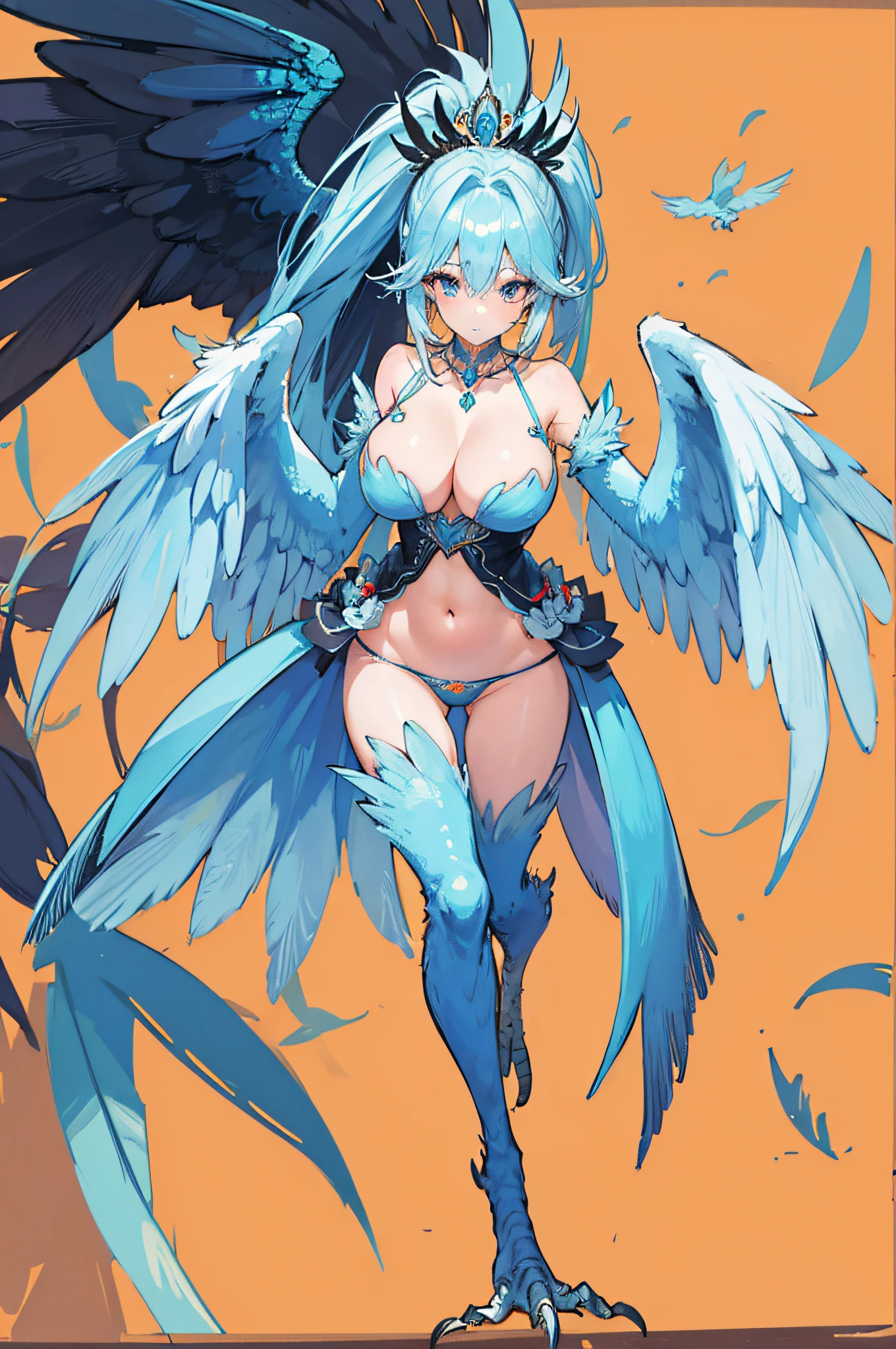 4k,hight resolution,One Woman,harpy,lightblue hair,Long ponytail,huge tit,large white wings,Orange claws,The Queen's Tiara,Black underwear,jewel decorations