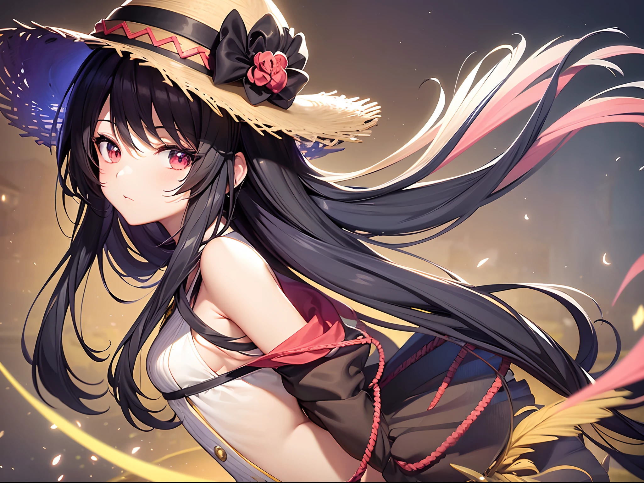 Black long hair anime girl wearing straw hat, style of anime4 K, a beautiful anime portrait, anime moe art style, Anime art wallpaper 4k, Anime art wallpaper 4 K, High Quality Anime Art Style, Anime style portrait, Guviz, Guviz-style artwork, Detailed digital anime art, Anime art wallpaper 8 K, cute anime girl portraits