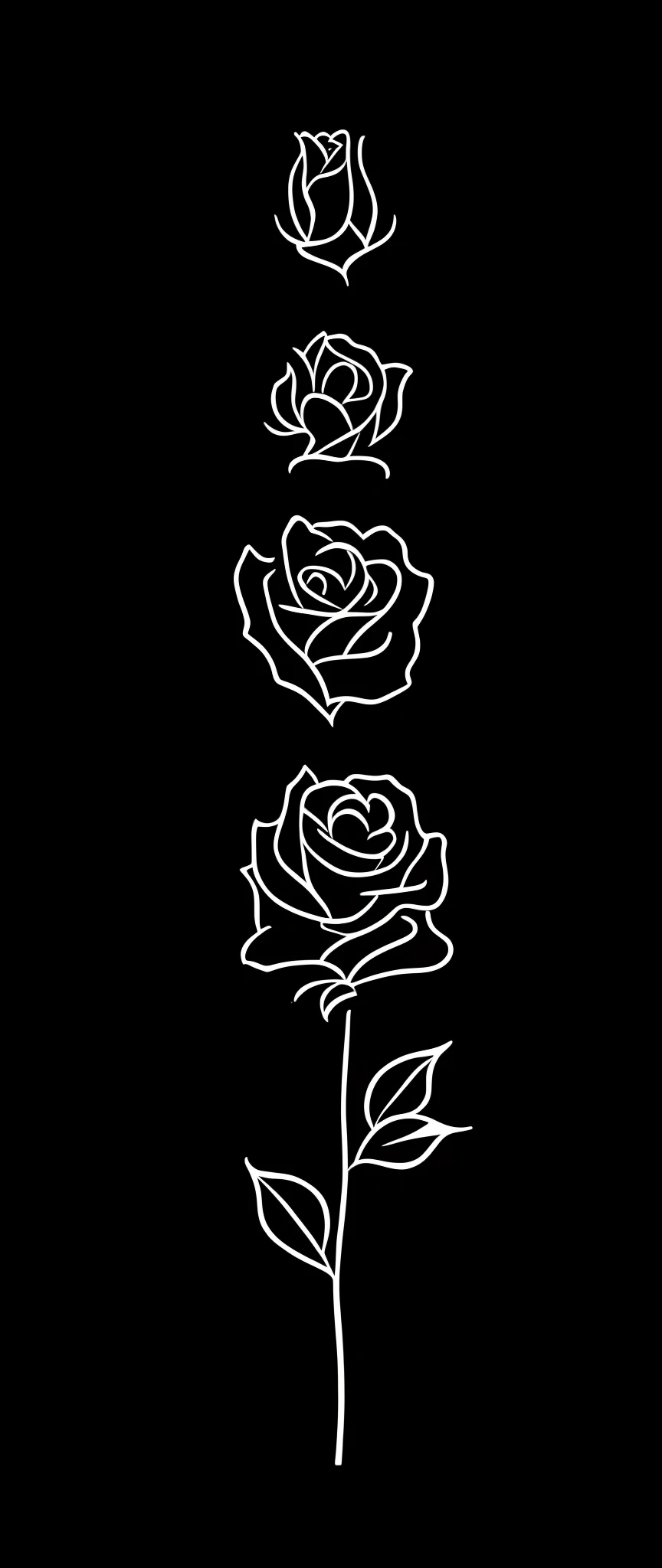 Black and white drawing of three roses on black background, a few roses, rosette, rosses, white outline, Black roses, black outlines, phone background, black roses, Rose tattoo, black outlines, tattoo stencil, outline, outline art, Wallpaper phone, Rose background, line drawing tattoos, dark outlines, outlines, black background pinterest