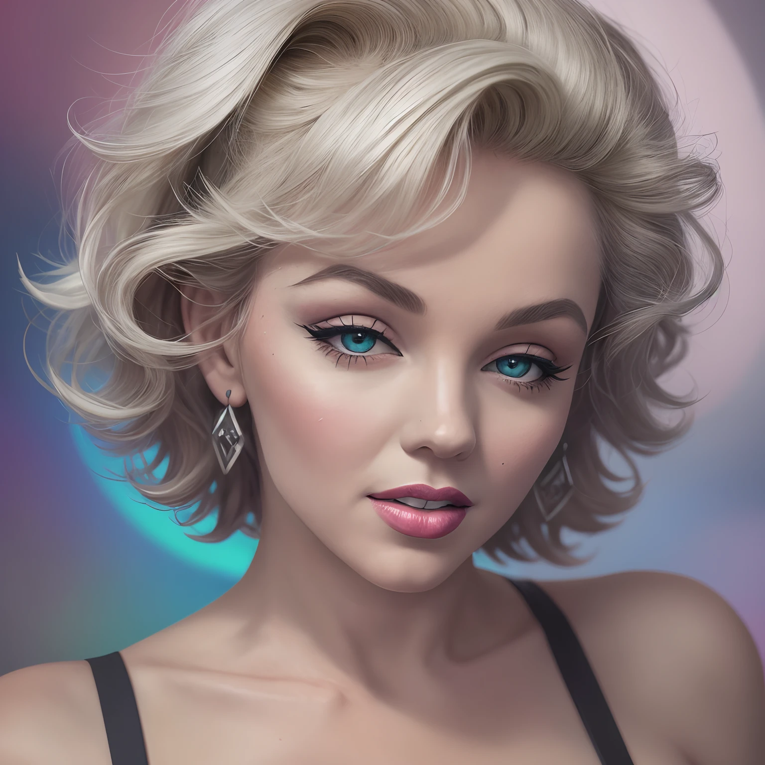 'close the portrait of Marlyn Monroe in sensual costume, sexy pose, hyper realistic, pastel colors, complementary colors, soft colors, vibrant colors, dramatic colors, vapor wave, retrowave, black and white, colorful, artochrome, highly detailed, 4k